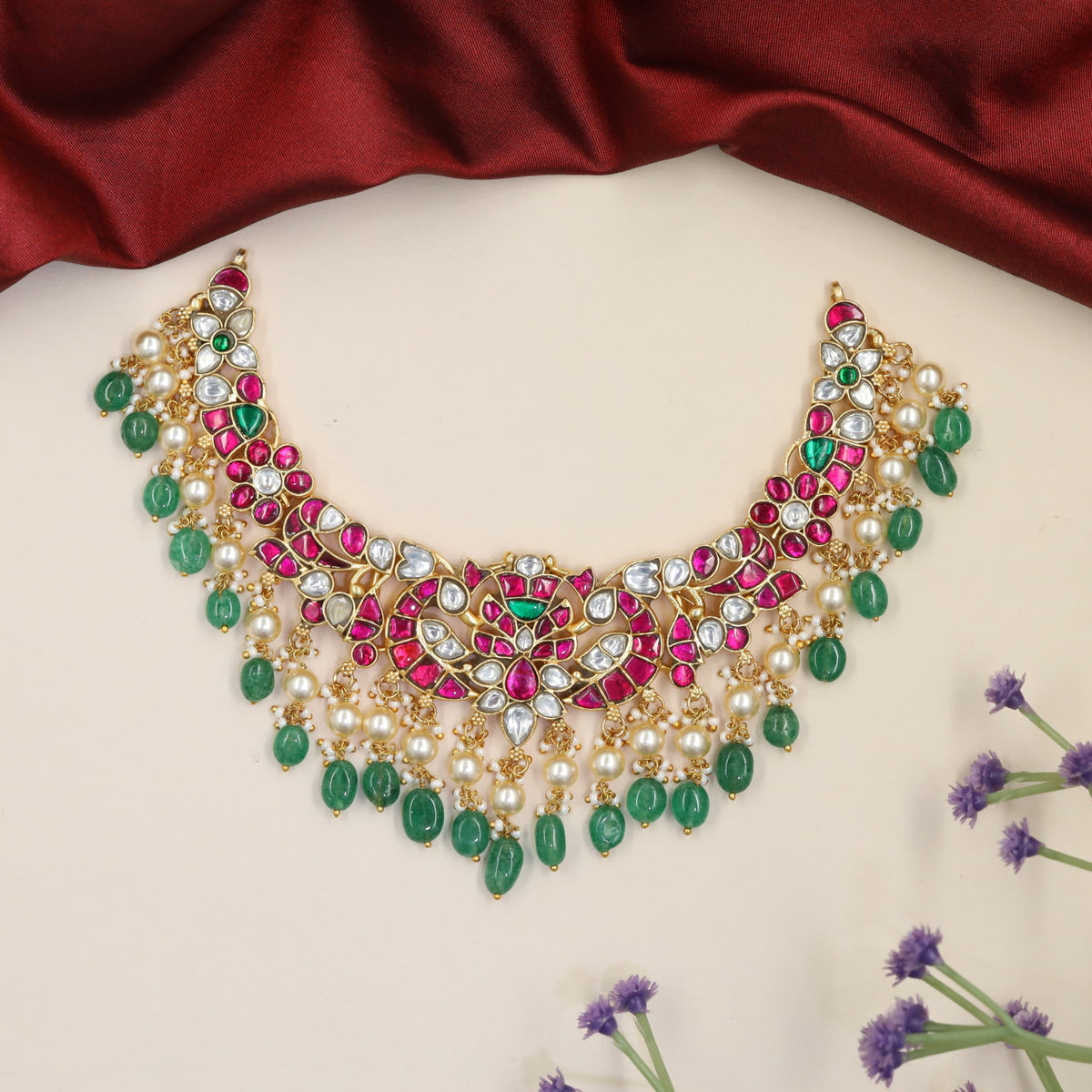 Premium Jadau Necklace With Intricate Centre Ornamentation And Cascading Beaded Drops