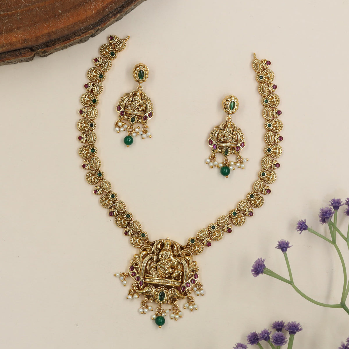 Traditional Saraswathi Devi Necklace With Elaborate Pendant And Decorative Link Details
