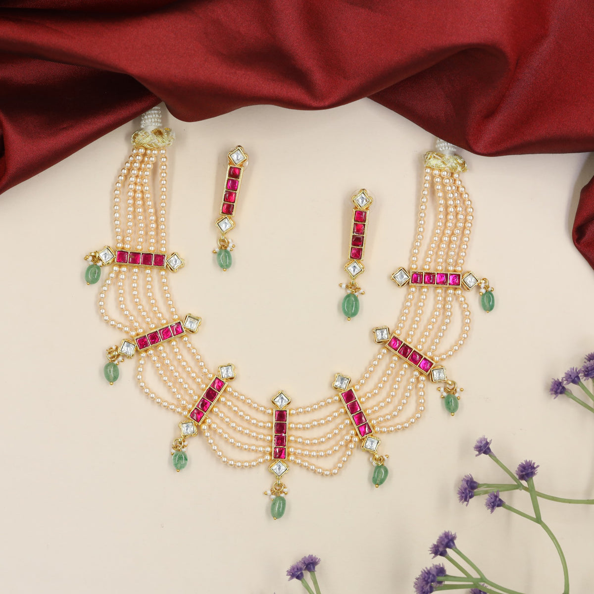 Traditional Jadau Beads Necklace With Elaborate Strands And Decorative Rectangular Settings