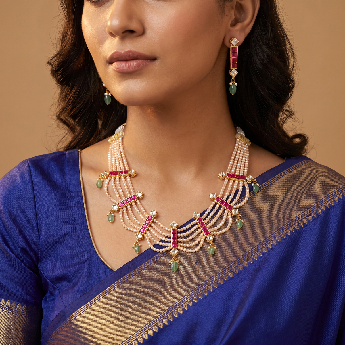 Traditional Jadau Beads Necklace With Elaborate Strands And Decorative Rectangular Settings