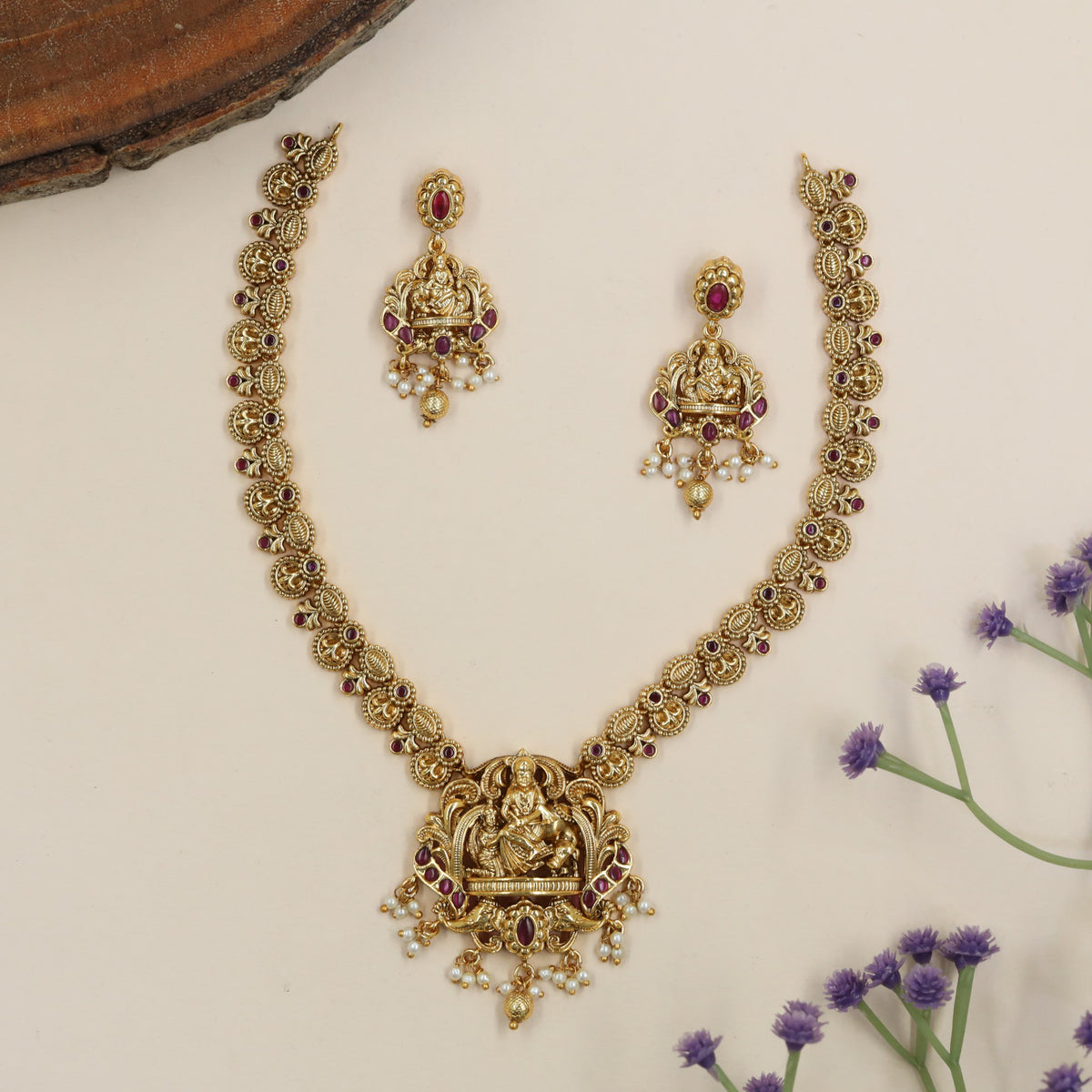 Traditional Saraswathi Devi Necklace With Elaborate Pendant And Decorative Link Details