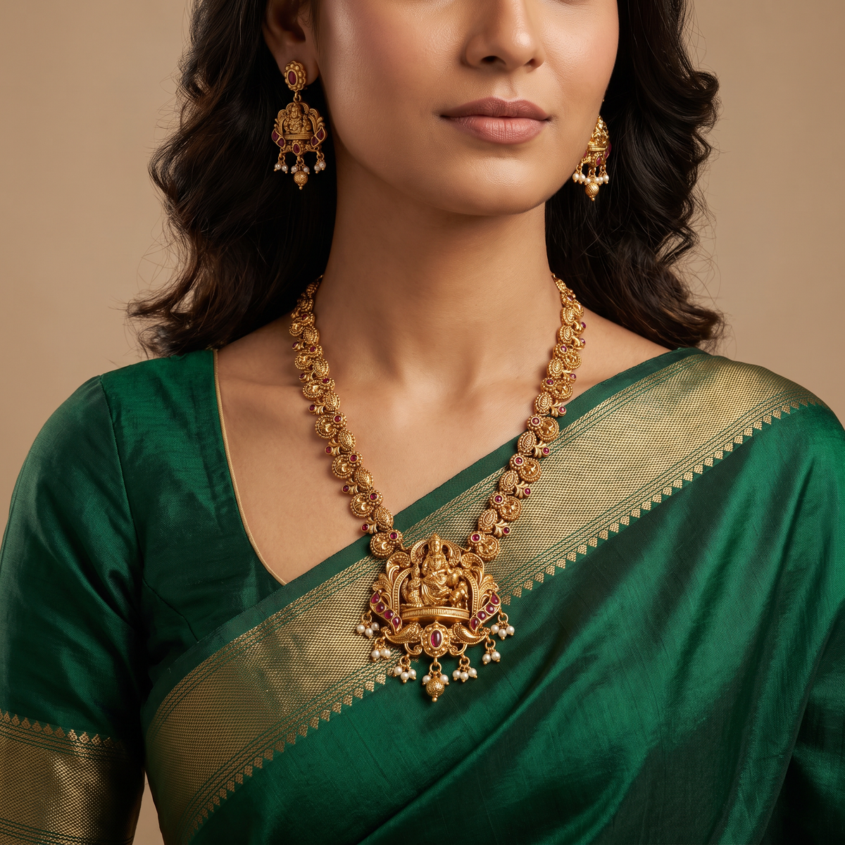 Traditional Saraswathi Devi Necklace With Elaborate Pendant And Decorative Link Details