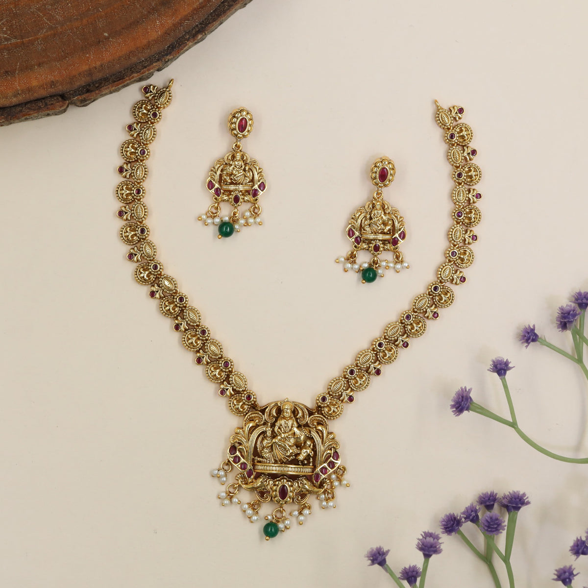 Traditional Saraswathi Devi Necklace With Elaborate Pendant And Decorative Link Details