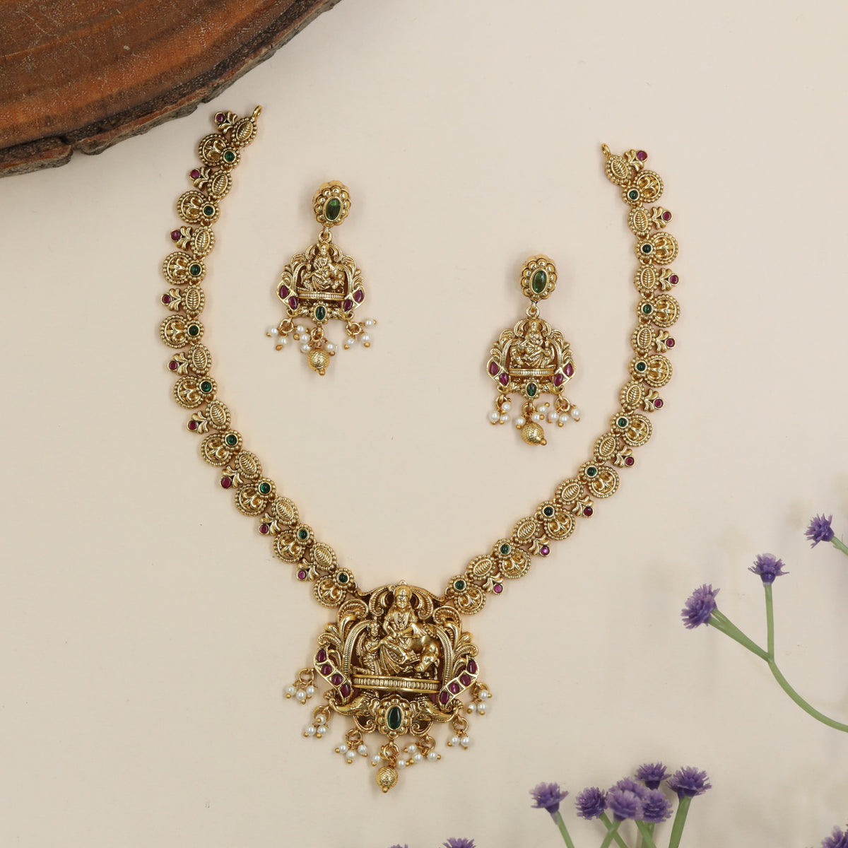 Traditional Saraswathi Devi Necklace With Elaborate Pendant And Decorative Link Details