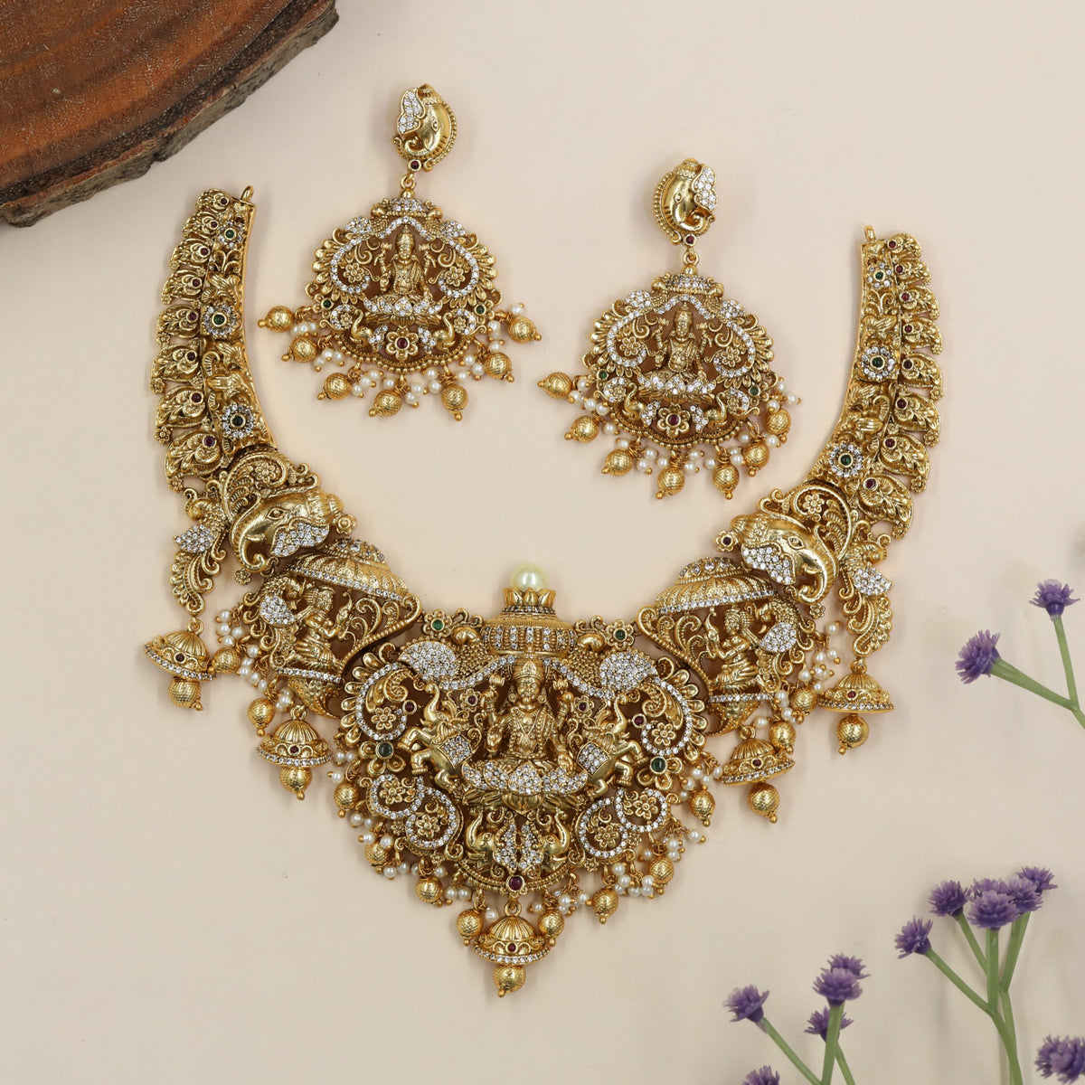 Antique Necklace With Lakshmi Centrepiece, Peacock Details And Ornate Temple Work