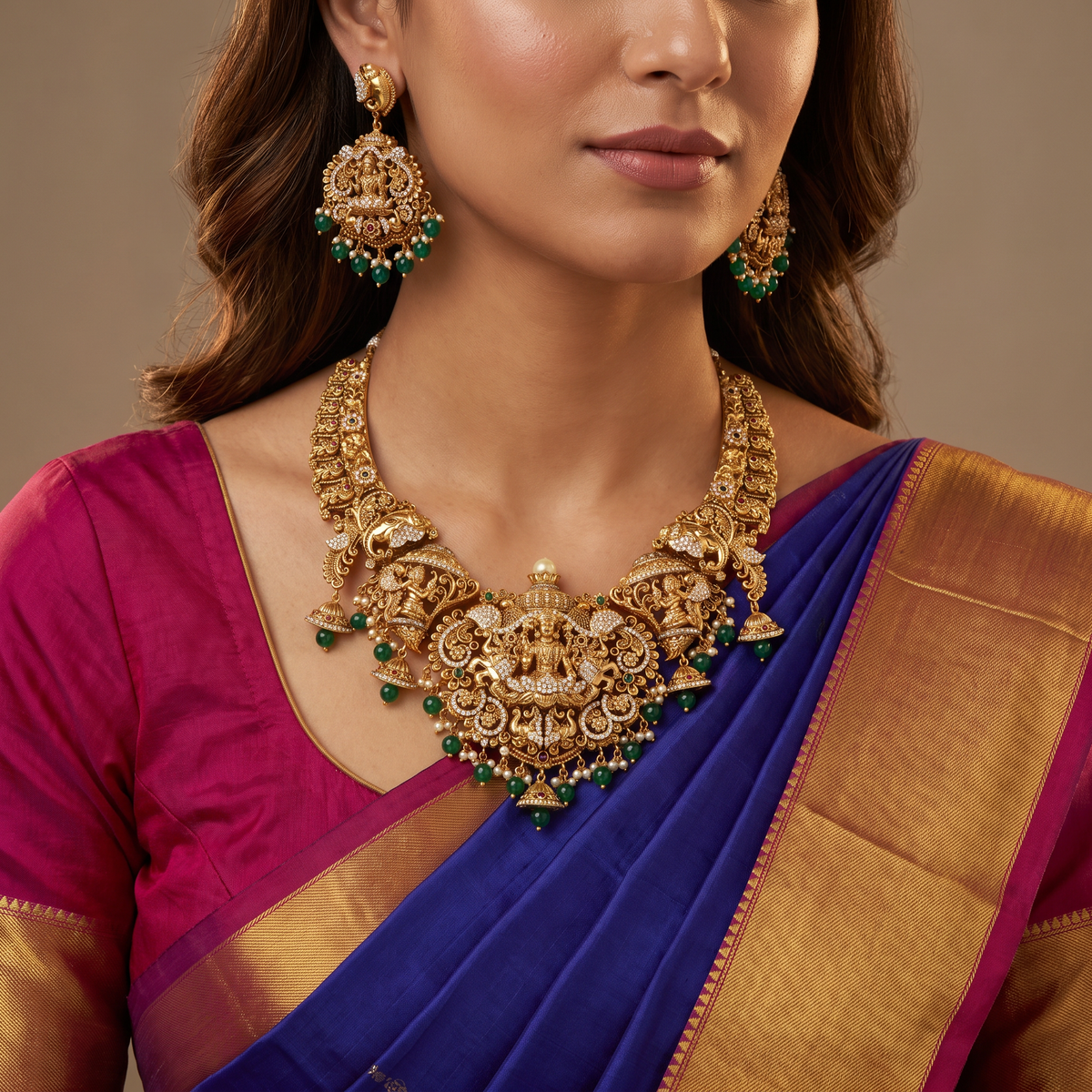 Antique Necklace With Lakshmi Centrepiece, Peacock Details And Ornate Temple Work