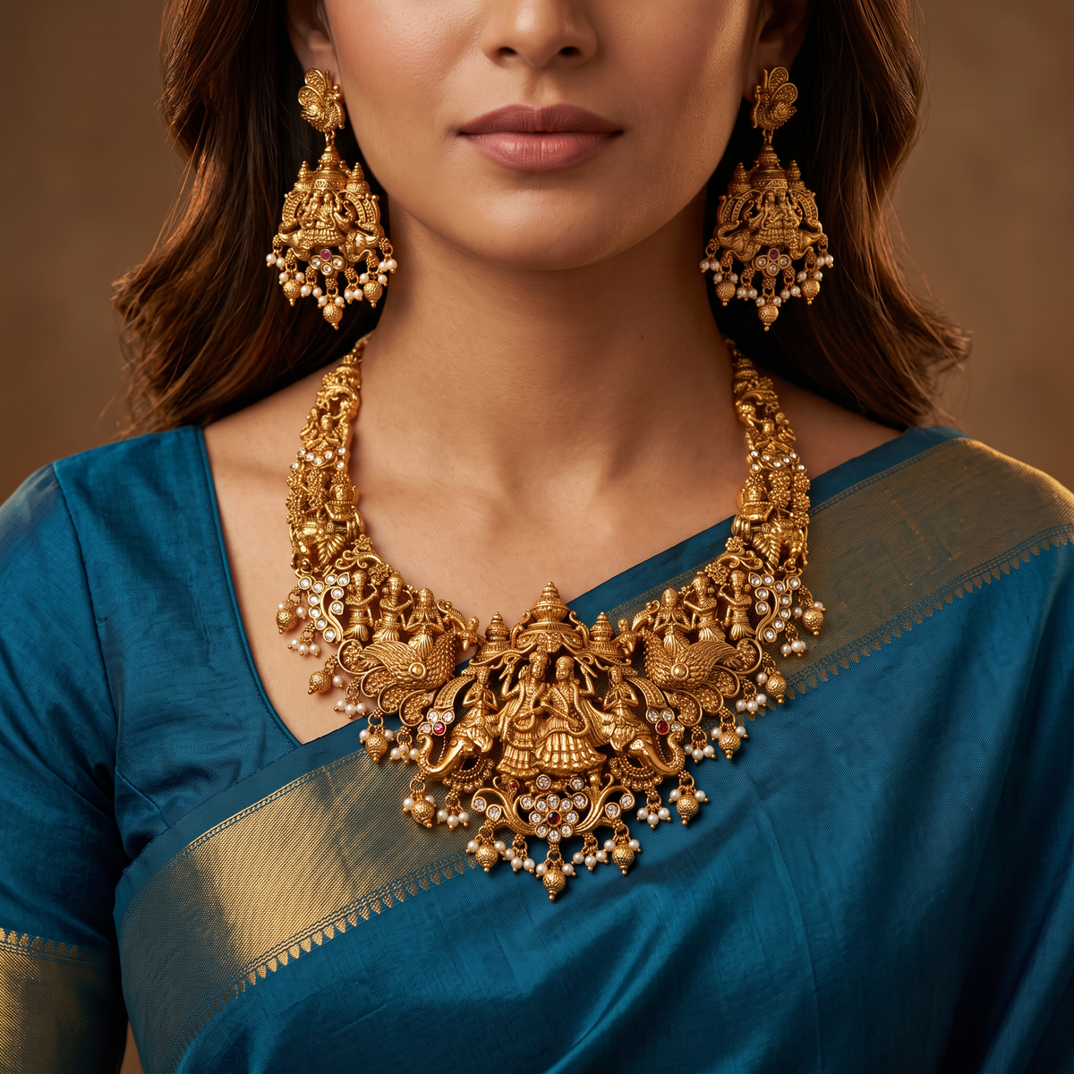 Antique Radha Krishna Necklace with Temple Motifs