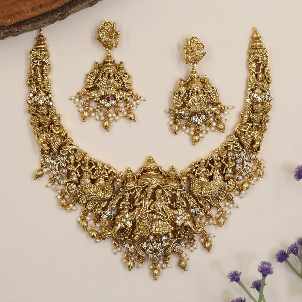 Antique Radha Krishna Necklace with Temple Motifs