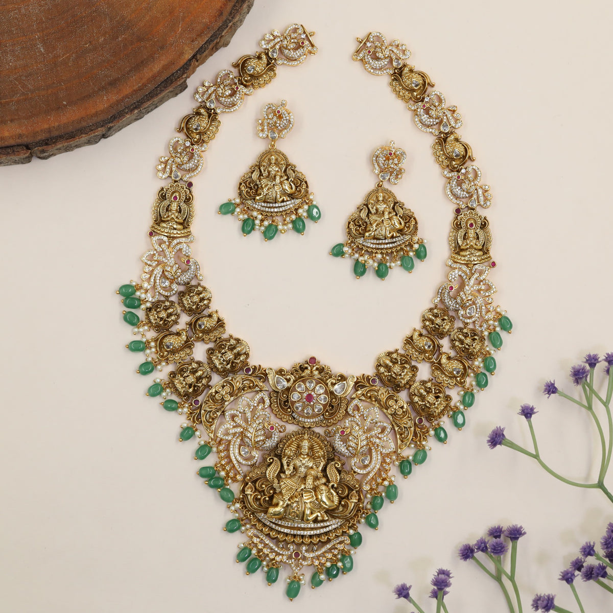 Premium Antique Long Haara Featuring Seated Lakshmi, Peacock Forms