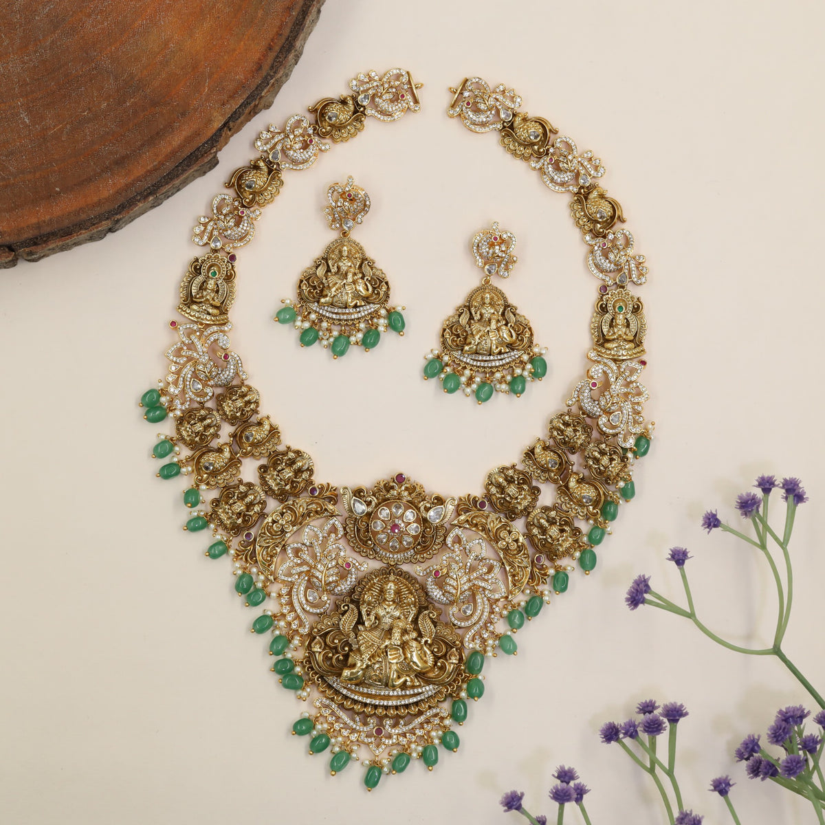 Premium Antique Long Haara Featuring Seated Lakshmi, Peacock Forms