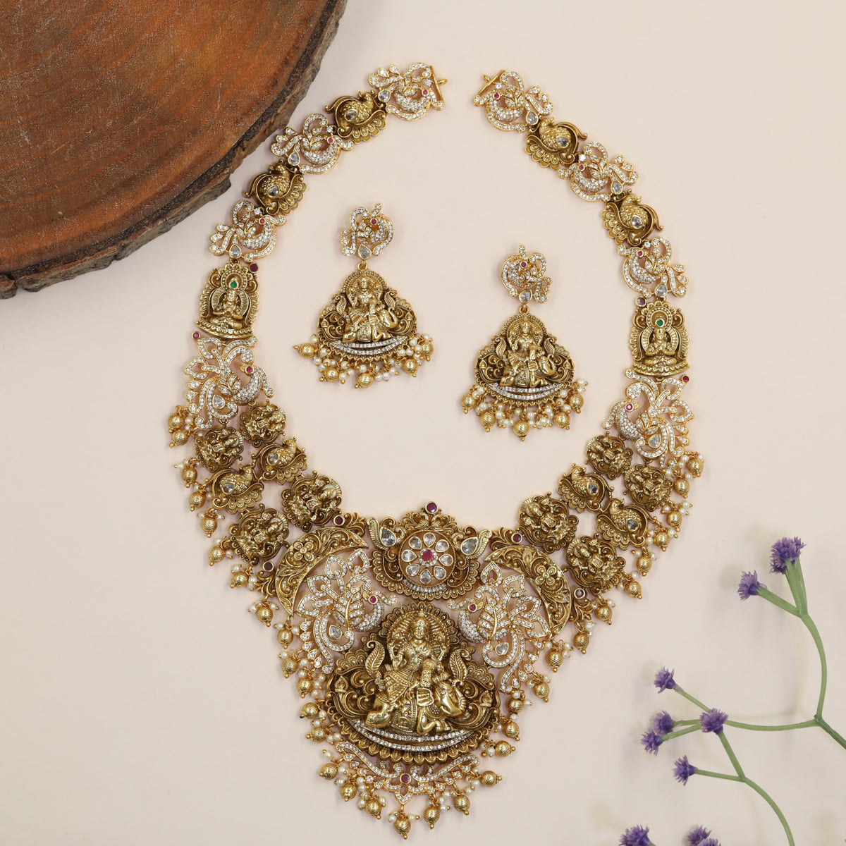 Premium Antique Long Haara Featuring Seated Lakshmi, Peacock Forms