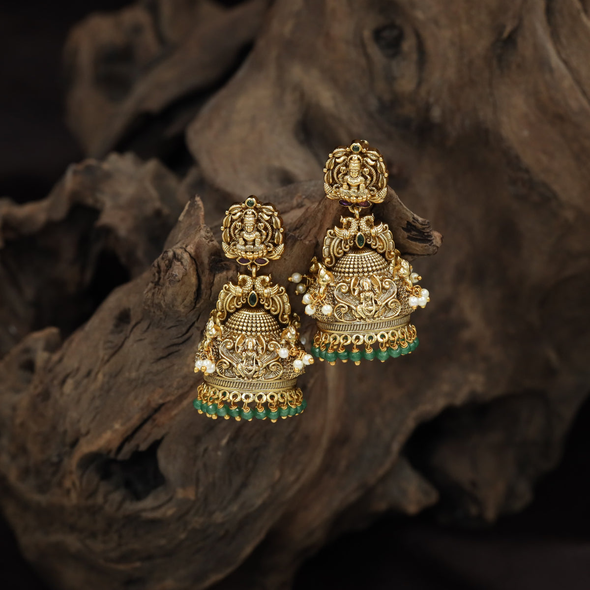 Antique Lakshmi Jhumka With Intricate Temple Detailing And Hanging Bead Fringe