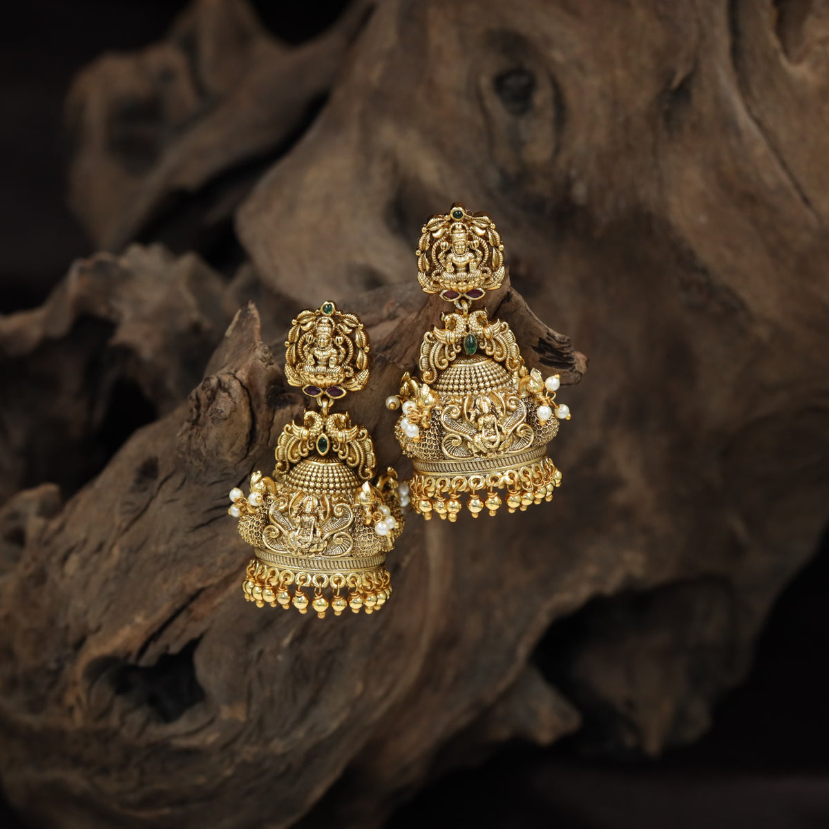 Antique Lakshmi Jhumka With Intricate Temple Detailing And Hanging Bead Fringe