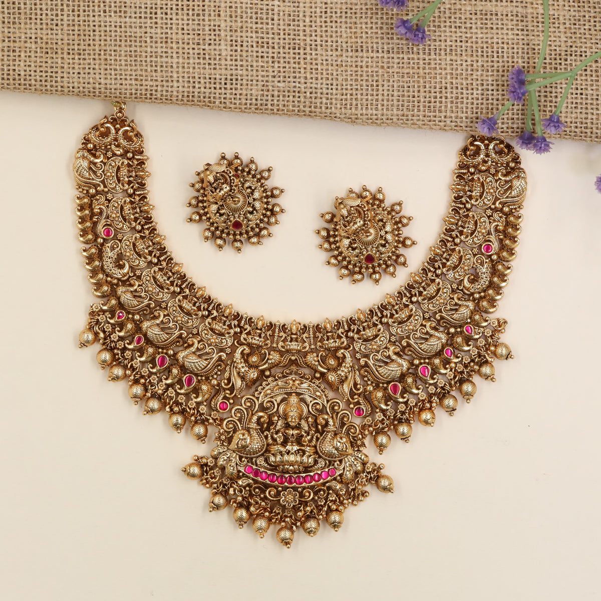 Premium Antique Necklace Featuring Lakshmi Pendant, Scrollwork And Decorative Bead Drops