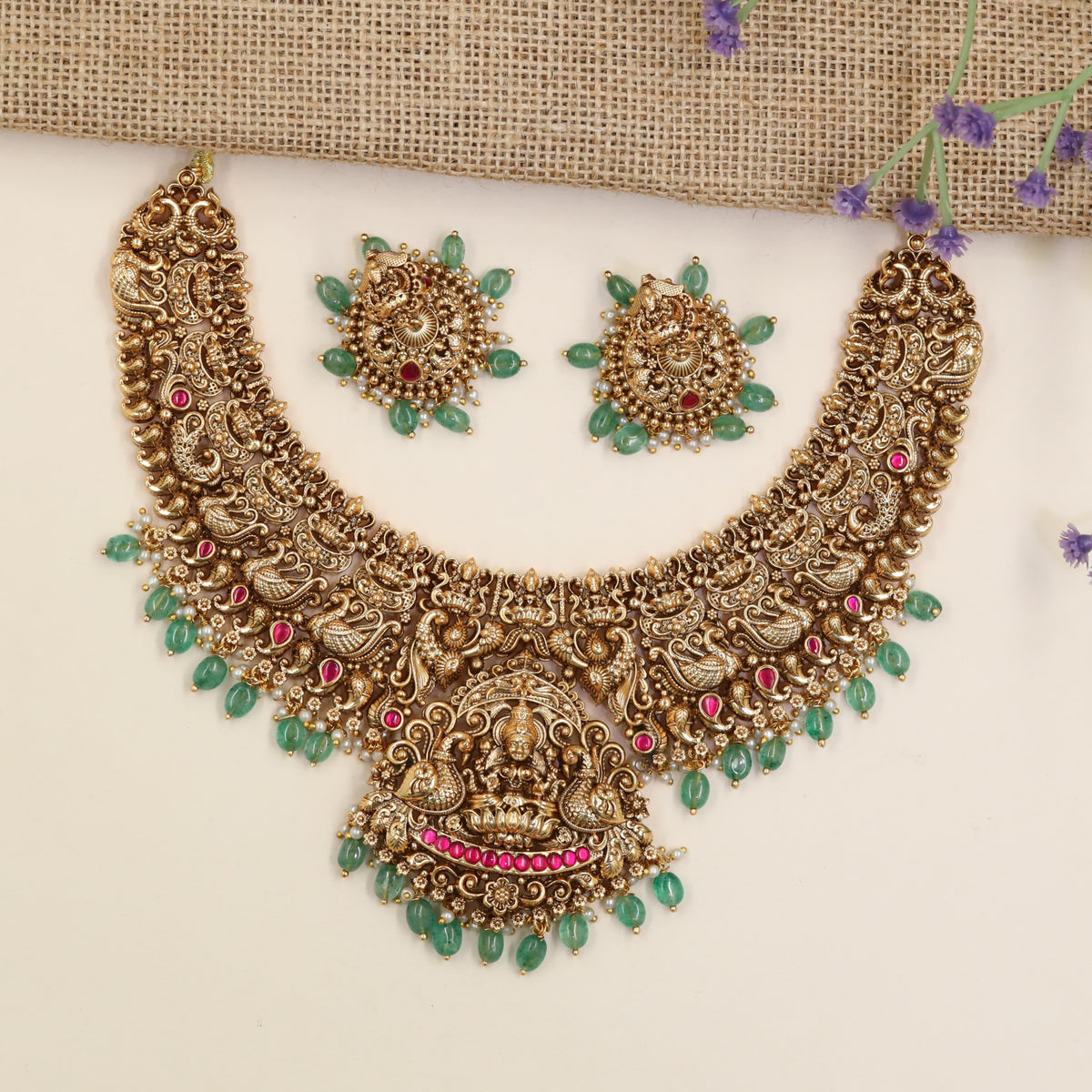 Premium Antique Necklace Featuring Lakshmi Pendant, Scrollwork And Decorative Bead Drops