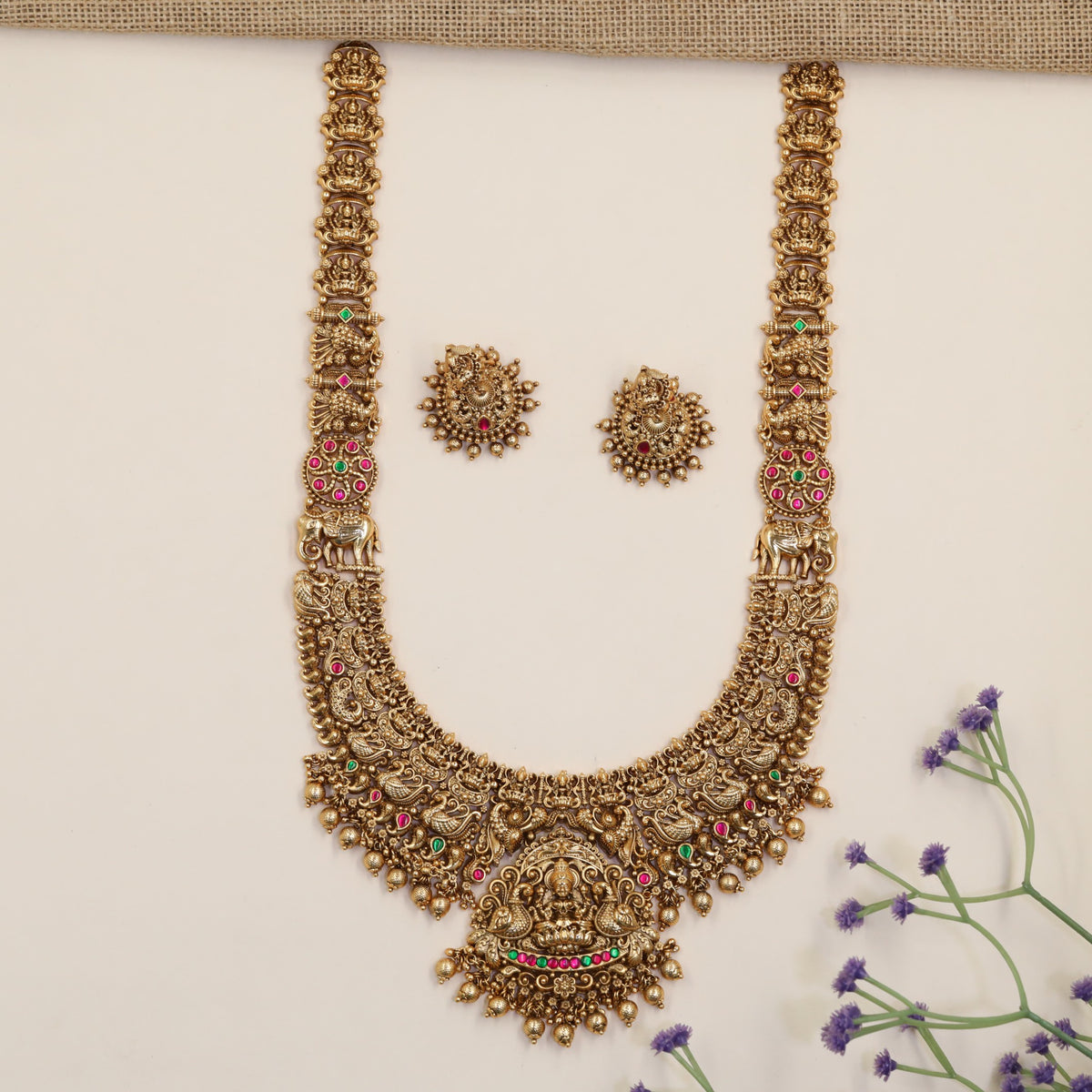 Premium Antique Long Haara Featuring Lakshmi On Lotus With Elaborate Decorative Work