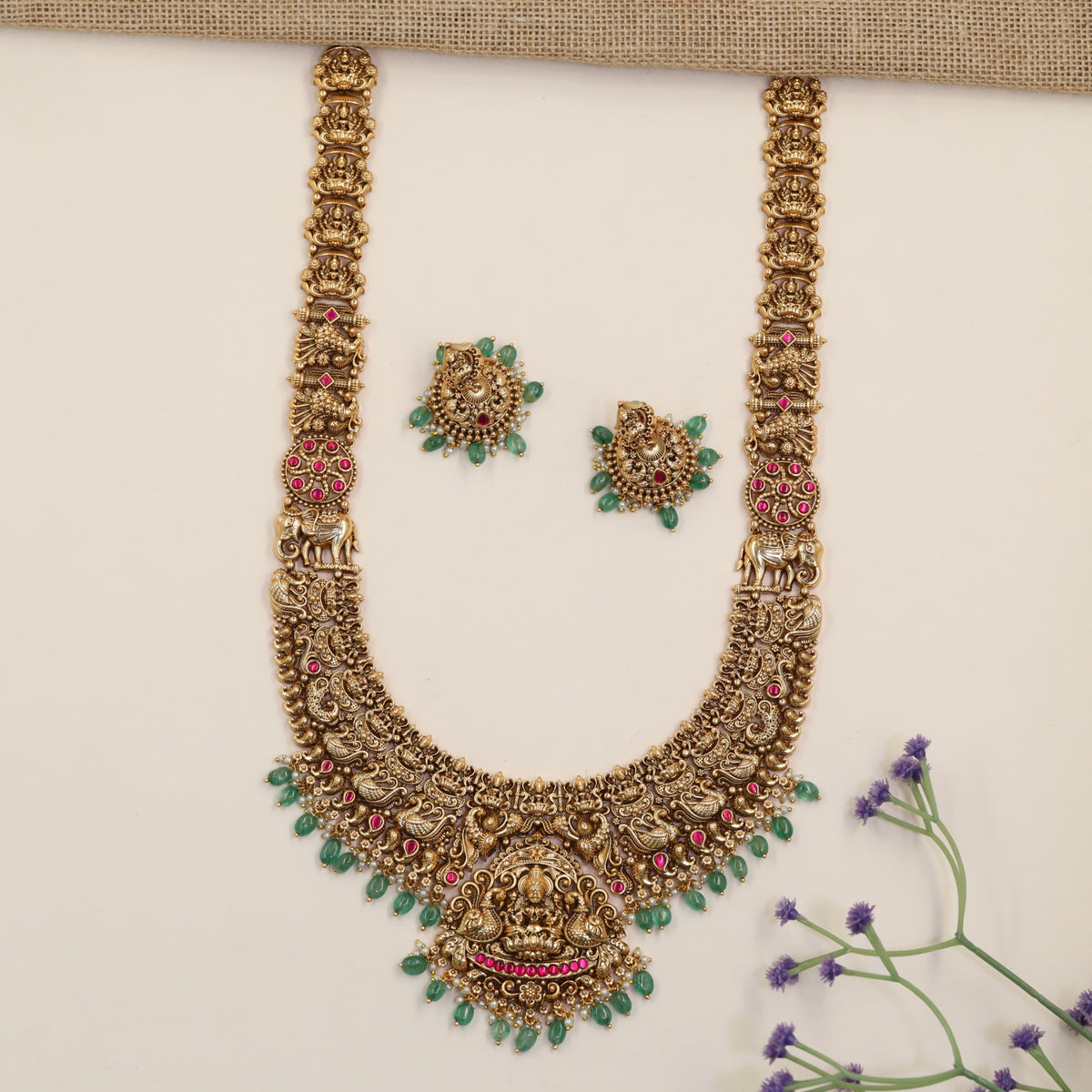 Premium Antique Long Haara Featuring Lakshmi On Lotus With Elaborate Decorative Work
