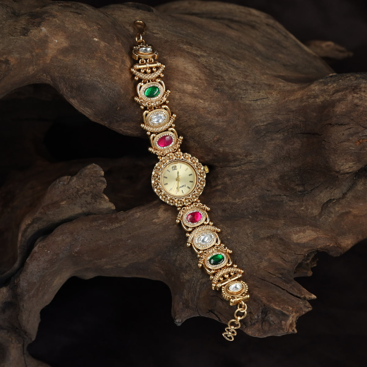 Kundan Watch with Circular Settings & Ornamental Links