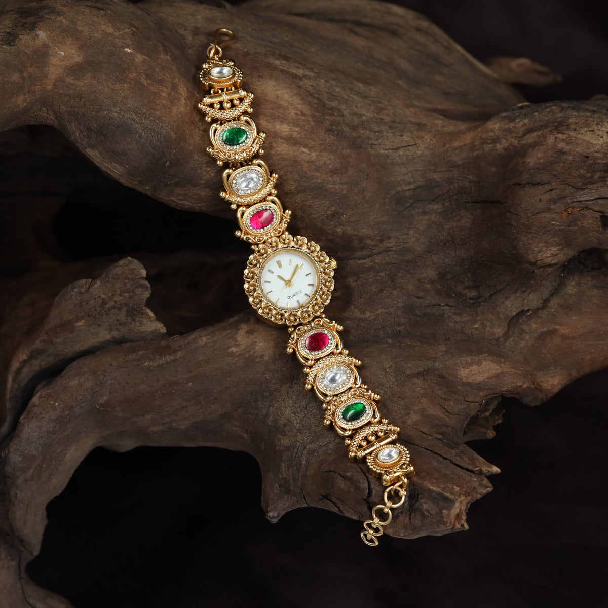 Kundan Watch with Circular Settings & Ornamental Links