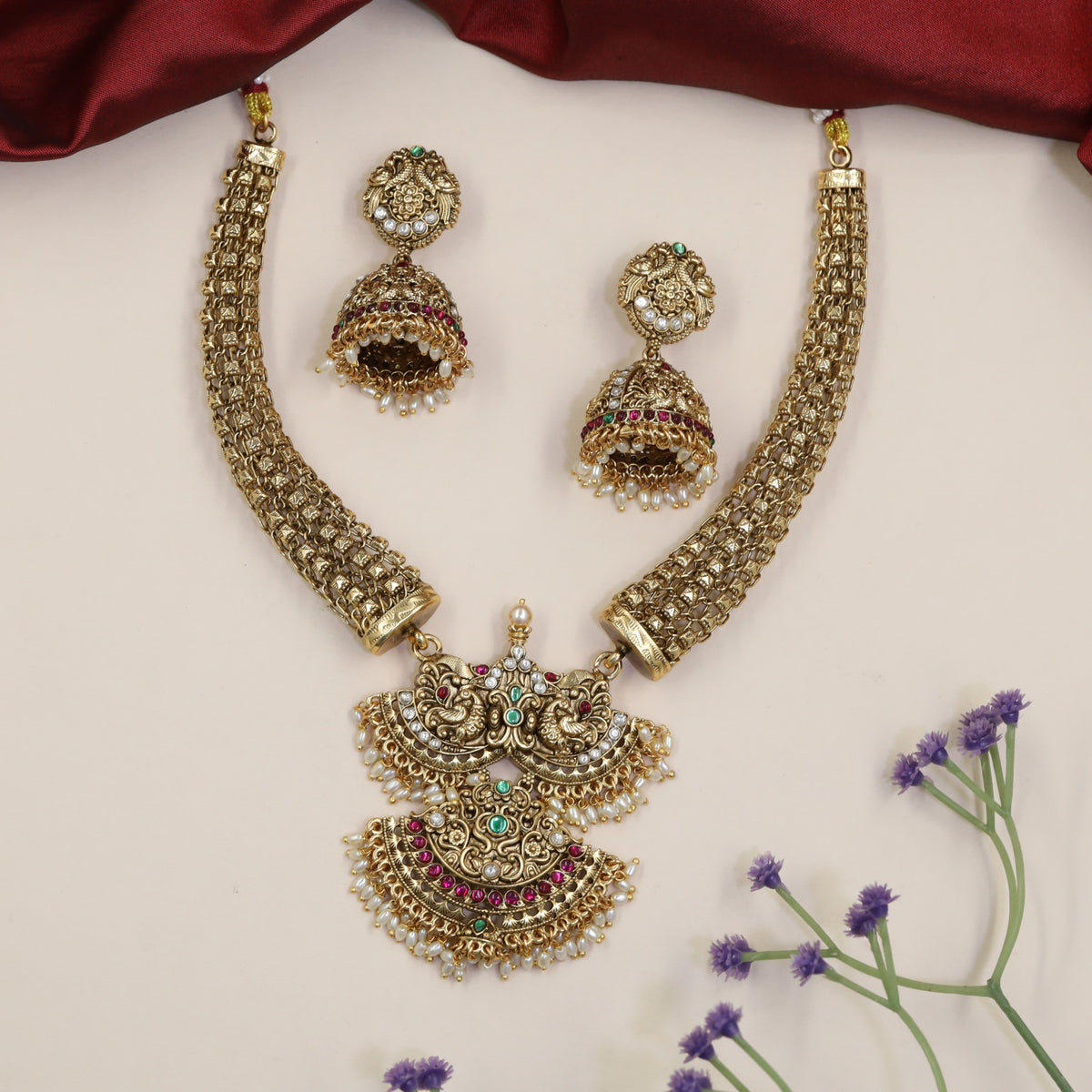 Antique Twin Peacock Necklace Set with Pearl Fringe