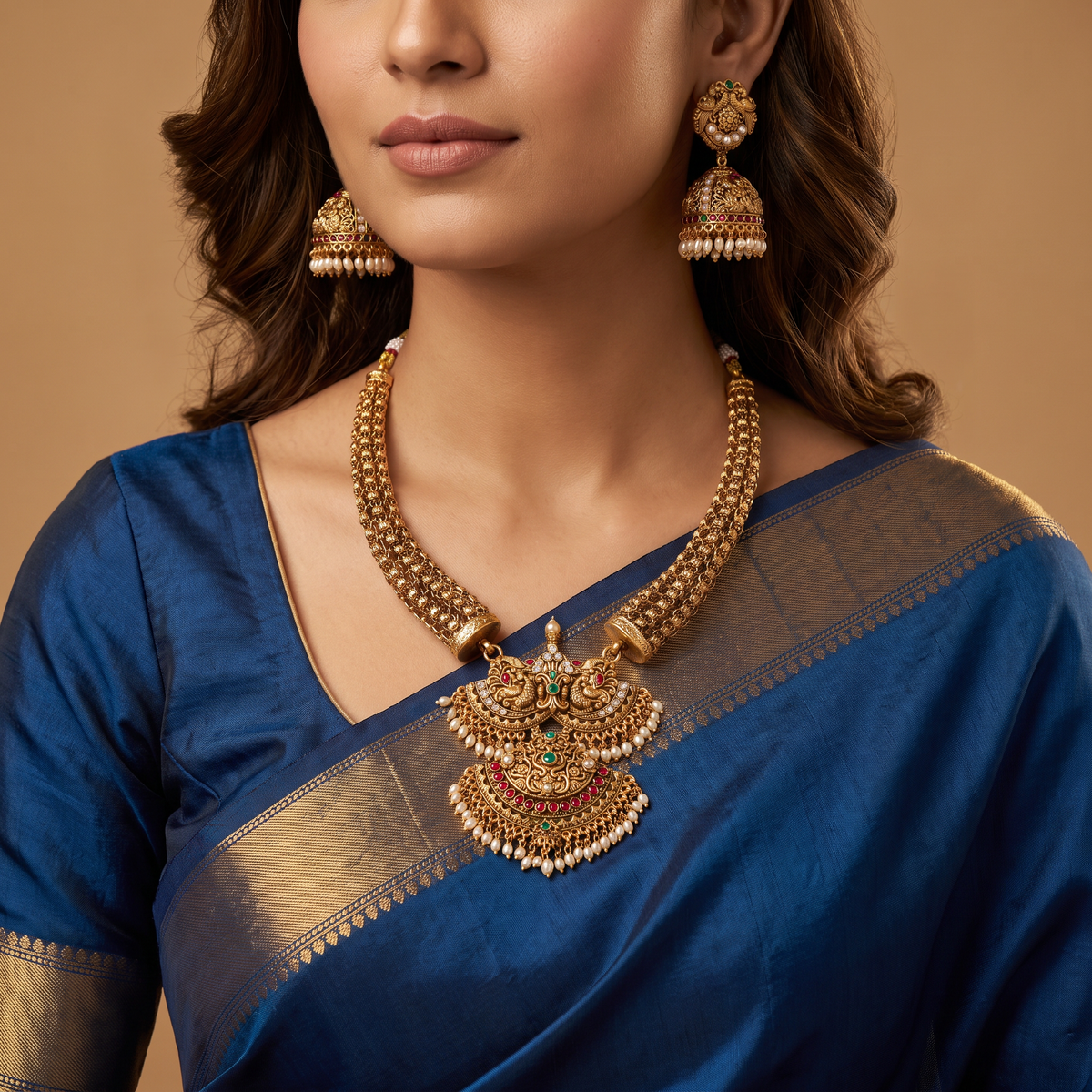 Antique Twin Peacock Necklace Set with Pearl Fringe