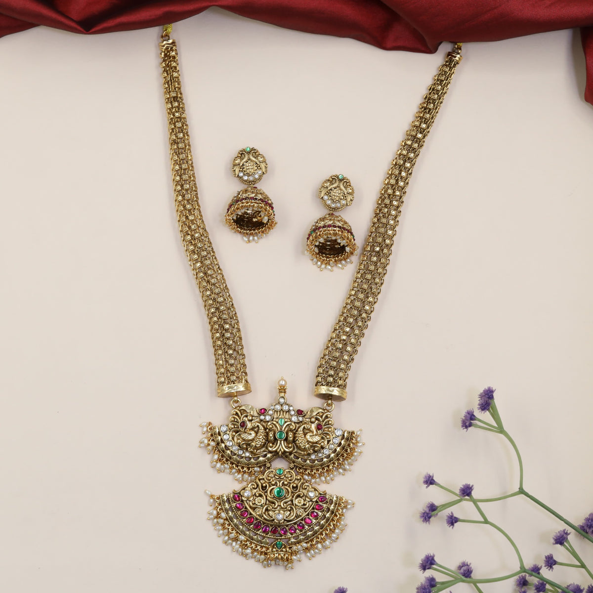Antique Peacock Long Haara Set with Dual Pendants