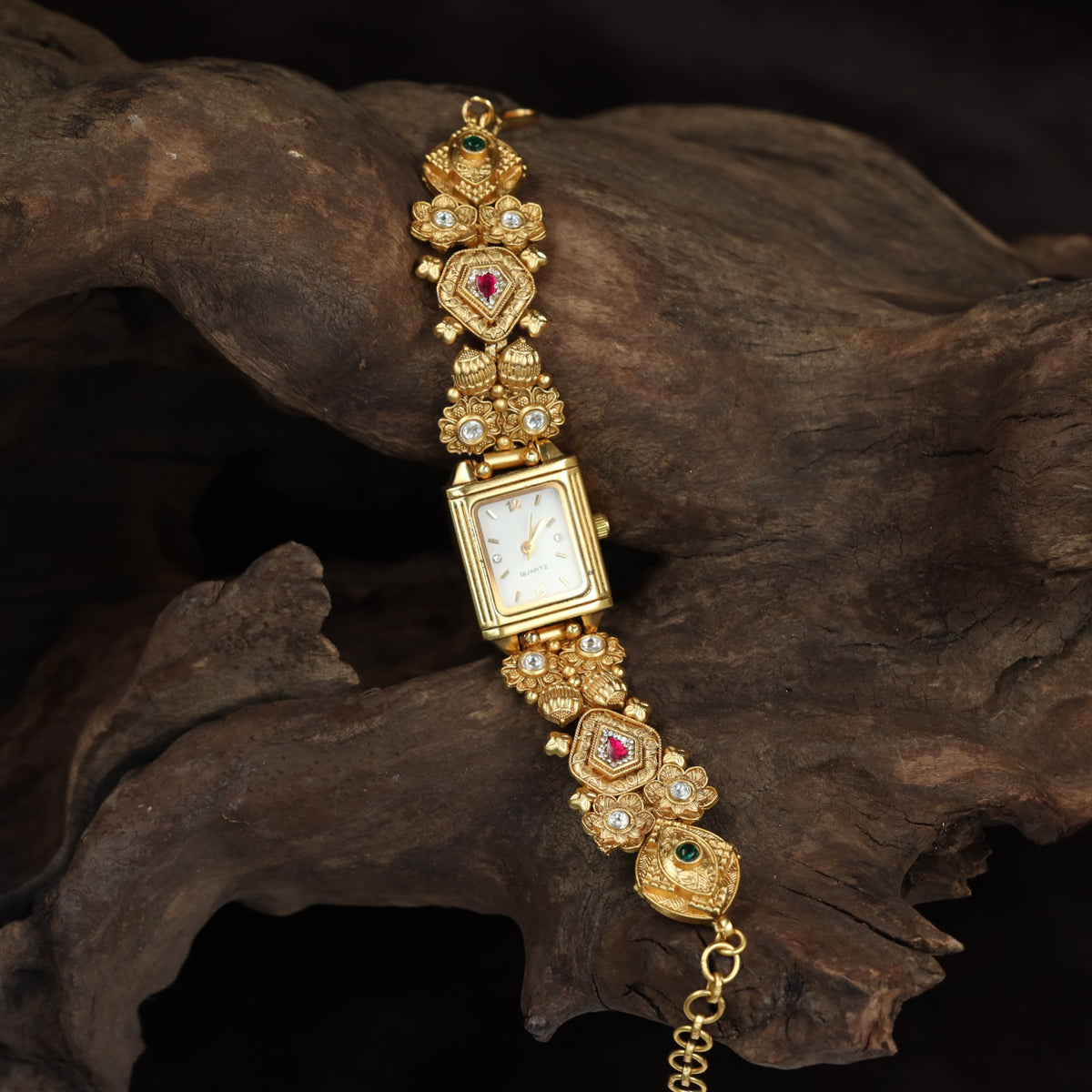 Kundan Square Dial Watch with Floral & Geometric Links