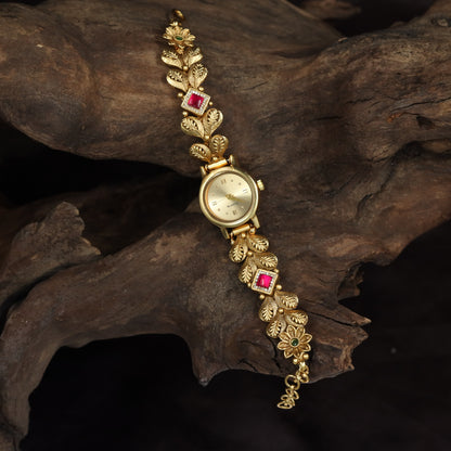 Kundan Watch with Leaf Links & Floral Details