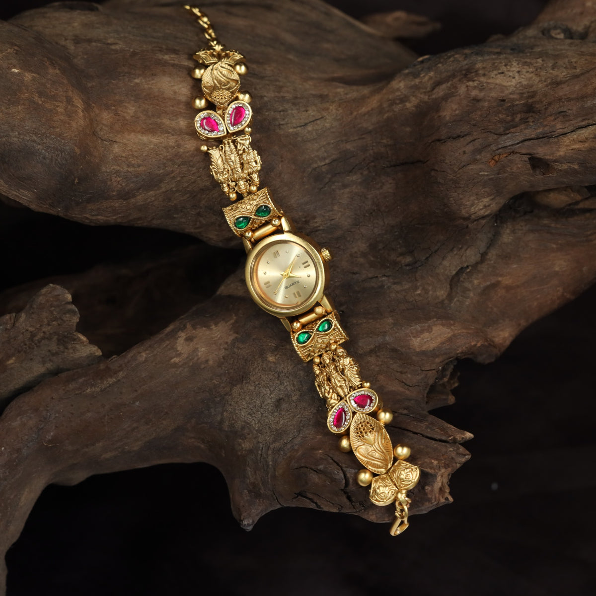 Kundan Peacock Watch with Floral Links