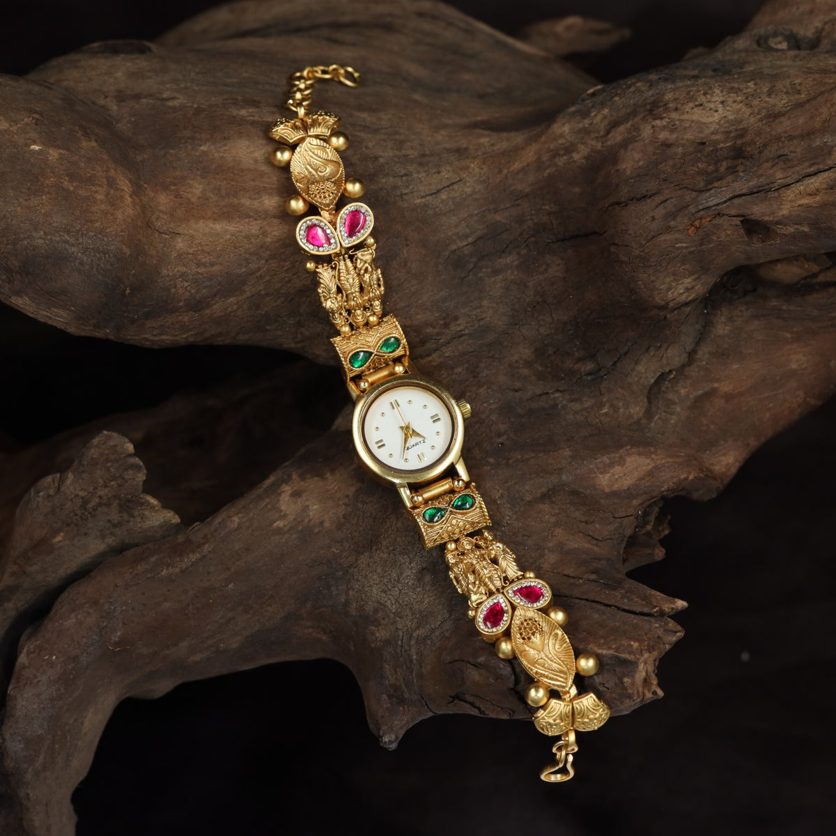 Kundan Peacock Watch with Floral Links