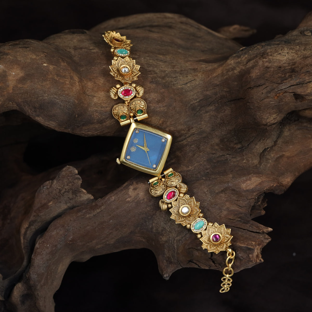 Kundan Square Dial Watch with Sculpted Floral Links