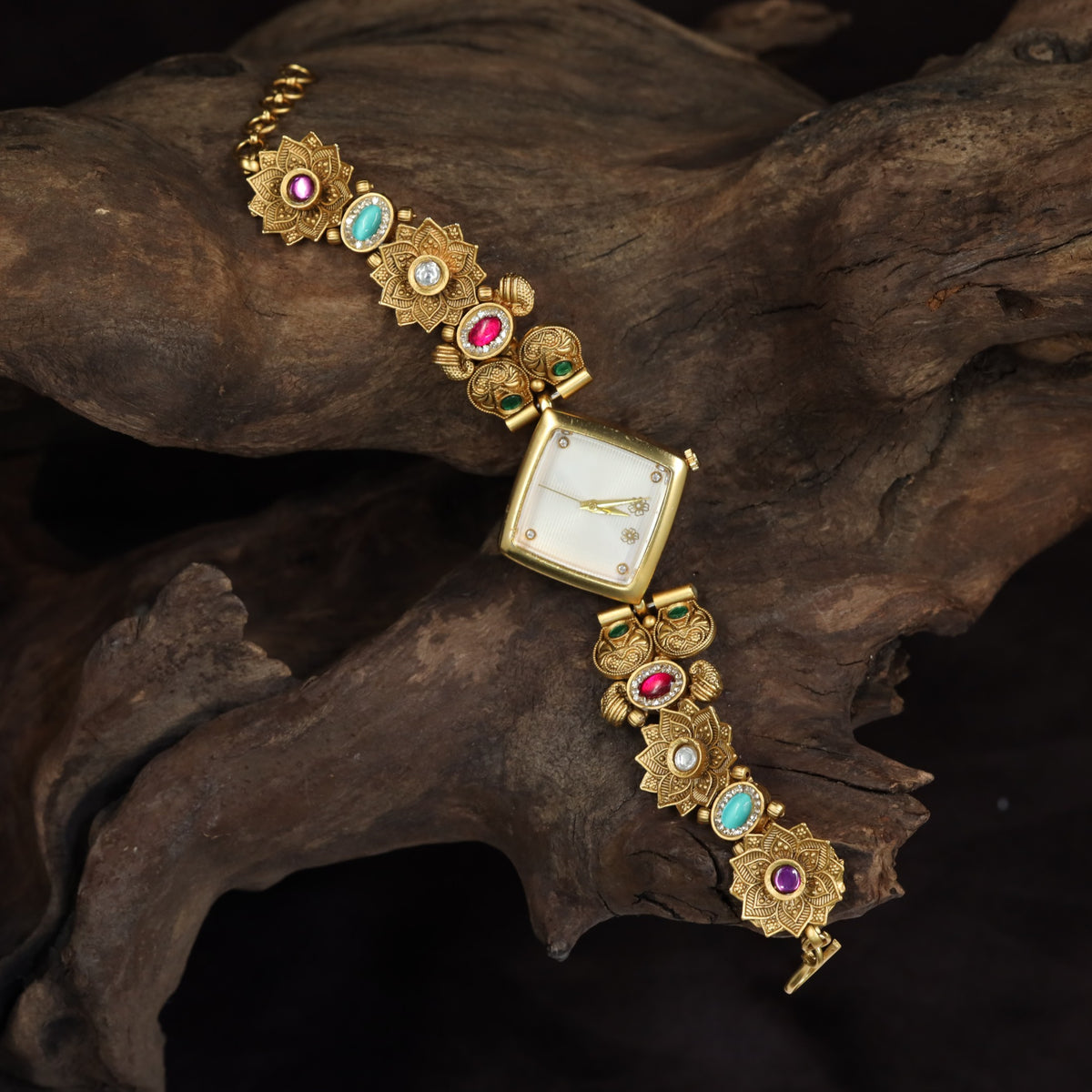 Kundan Square Dial Watch with Sculpted Floral Links