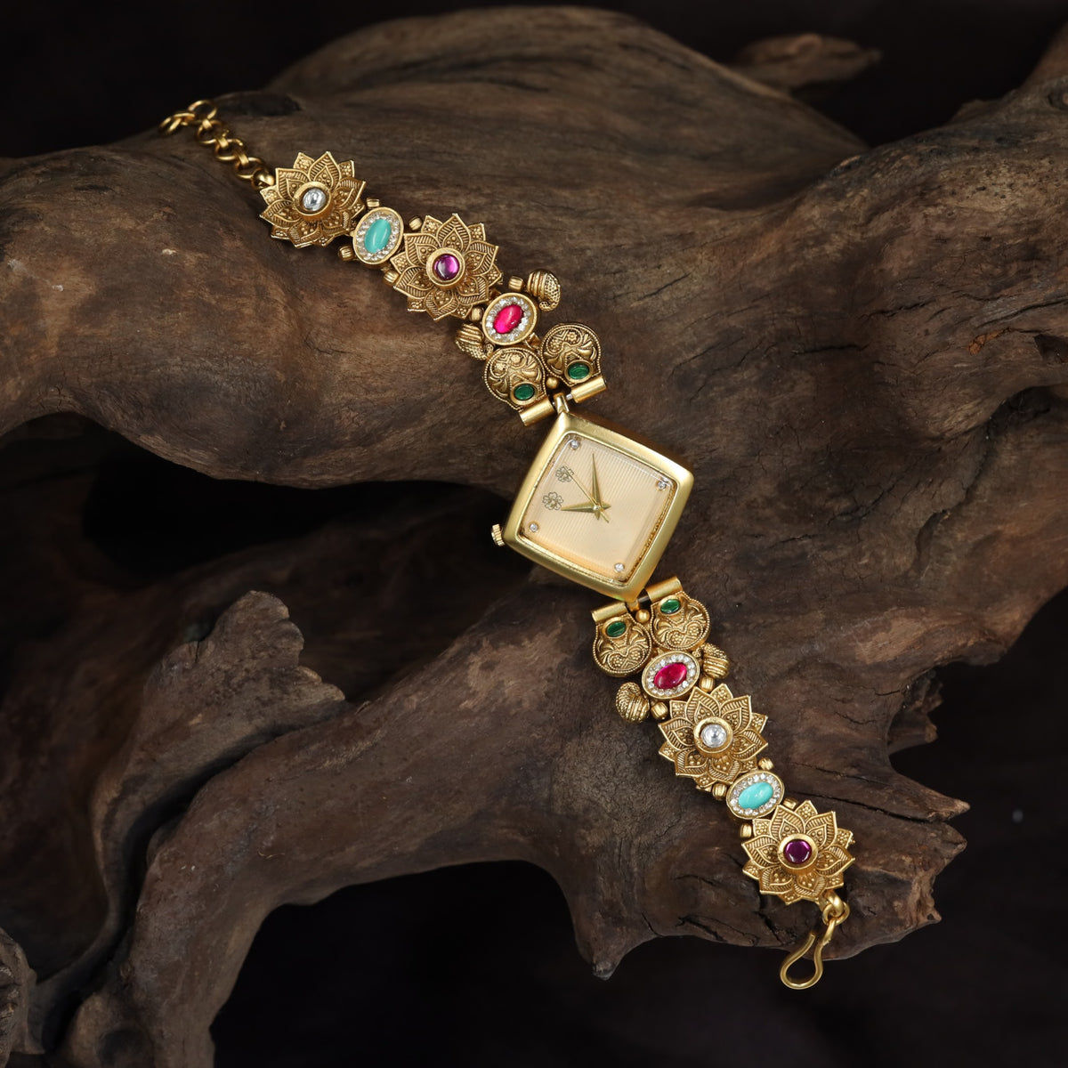 Kundan Square Dial Watch with Sculpted Floral Links