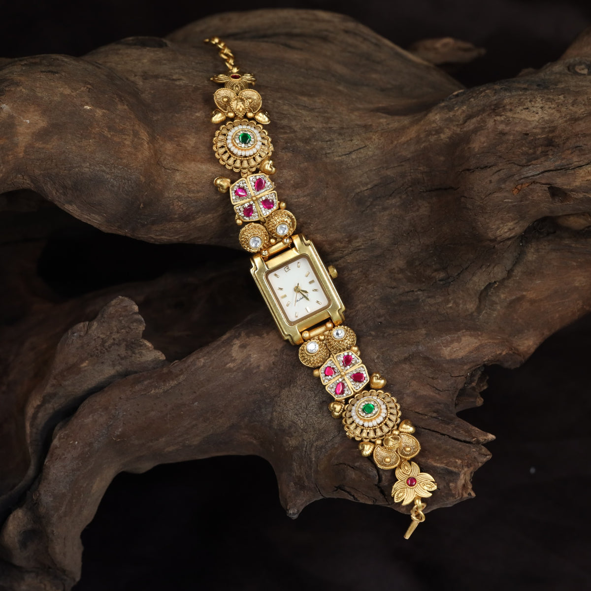 Kundan Rectangular Dial Watch with Floral Links & Circular Settings
