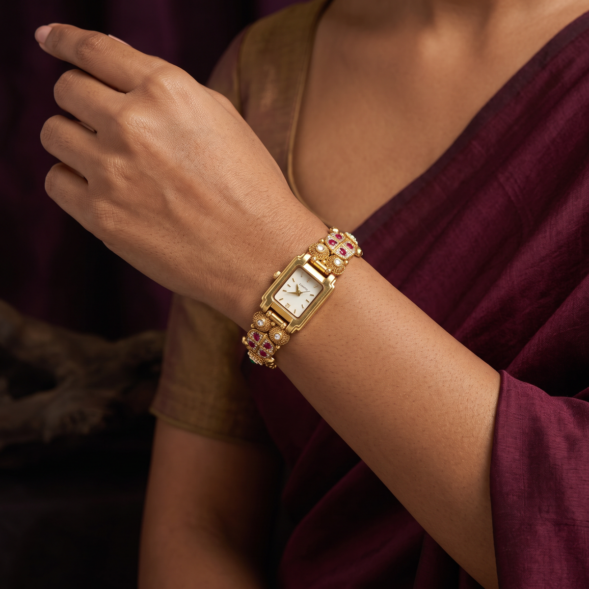 Kundan Rectangular Dial Watch with Floral Links & Circular Settings