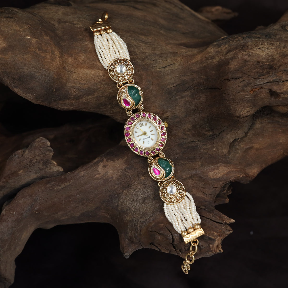Kundan Watch with Circular Links & Multi-Strand Pearls