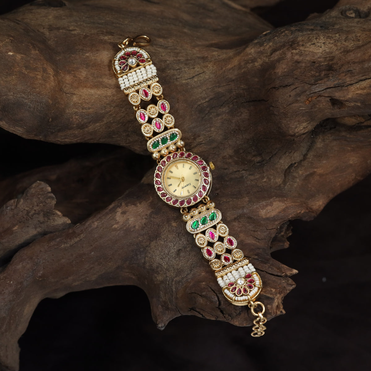 Kundan Floral Link Watch with Pearl Rows