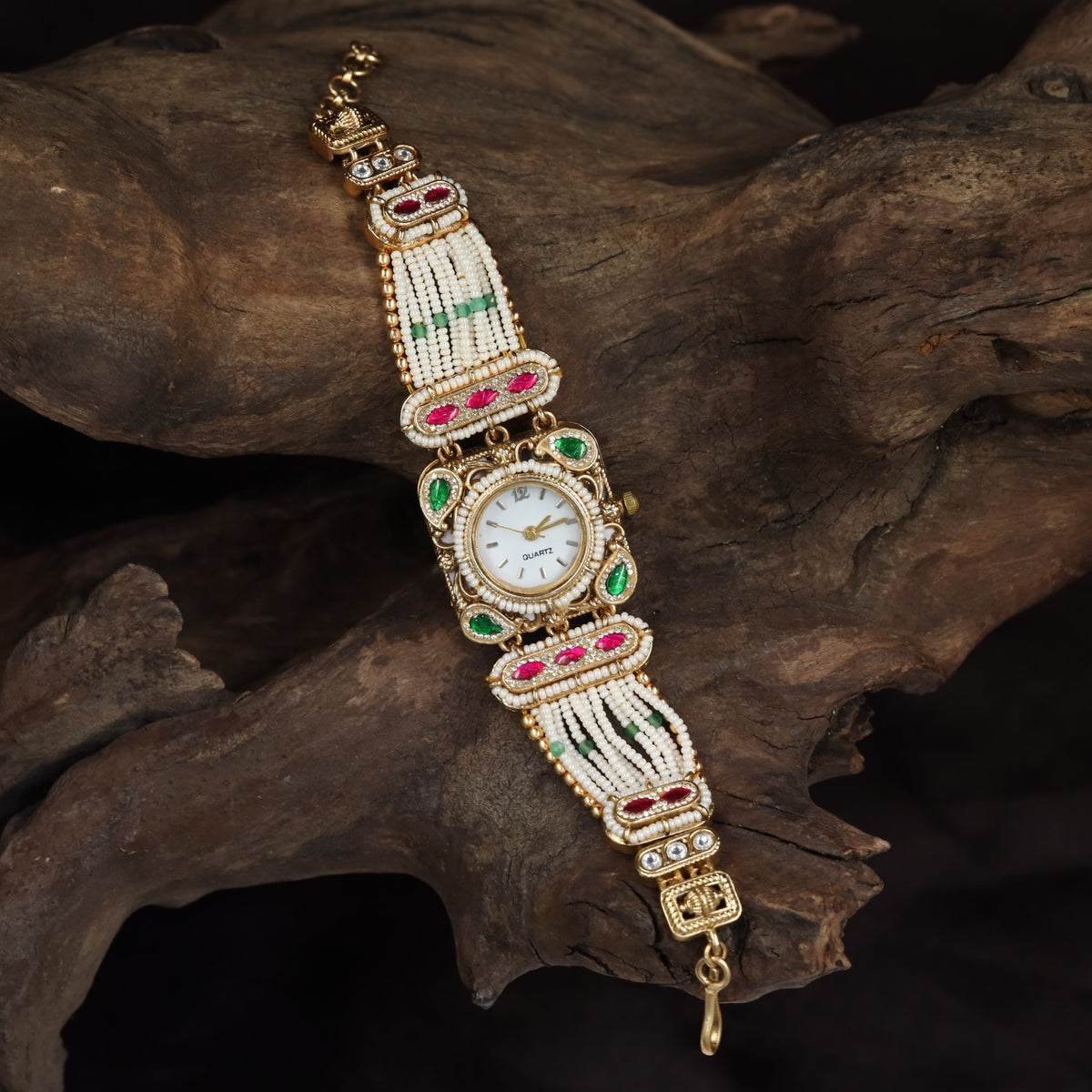 Kundan Watch with Pearl Bead Rows & Rectangular Panels