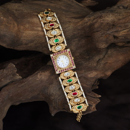 Kundan Rectangular Dial Watch with Floral Links & Pearl Borders