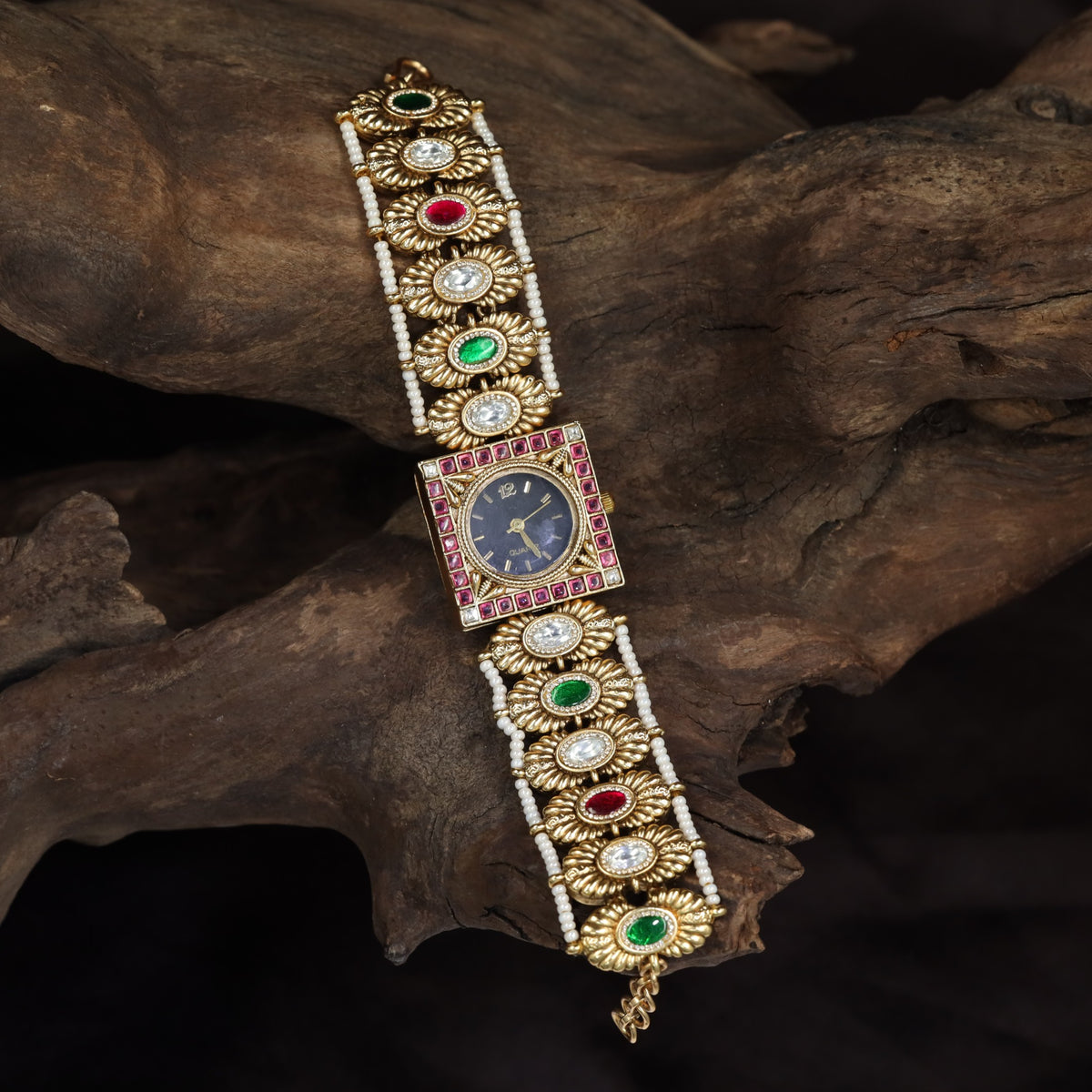 Kundan Rectangular Dial Watch with Floral Links & Pearl Borders