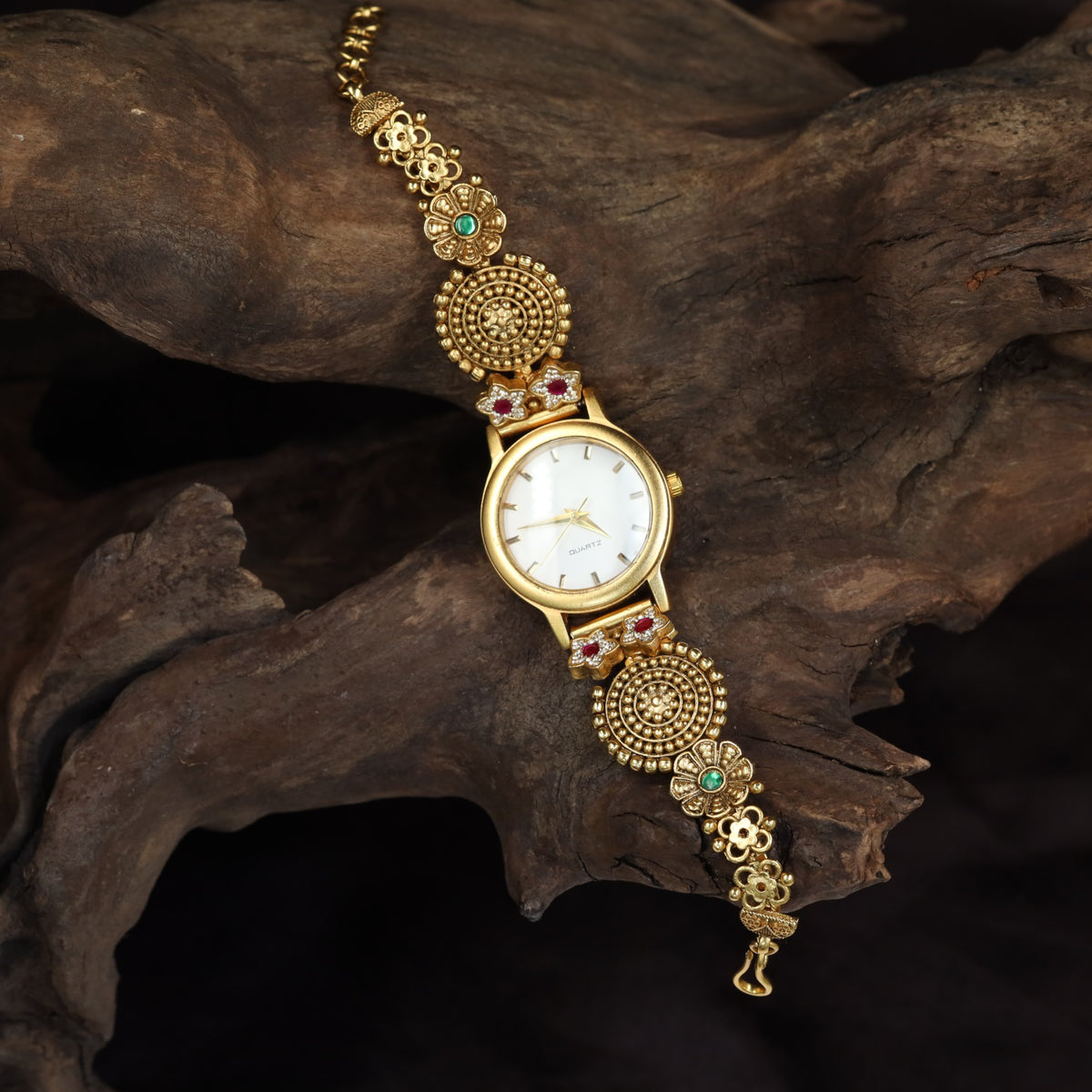 Kundan Watch with Concentric Circular Links & Floral Accents