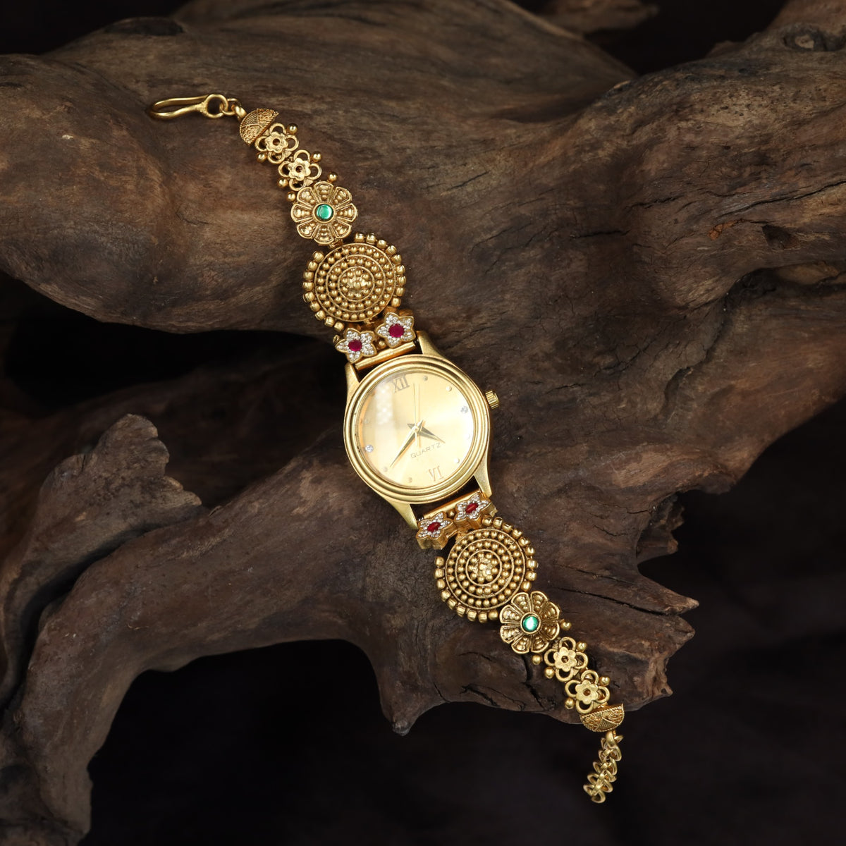 Kundan Watch with Concentric Circular Links & Floral Accents