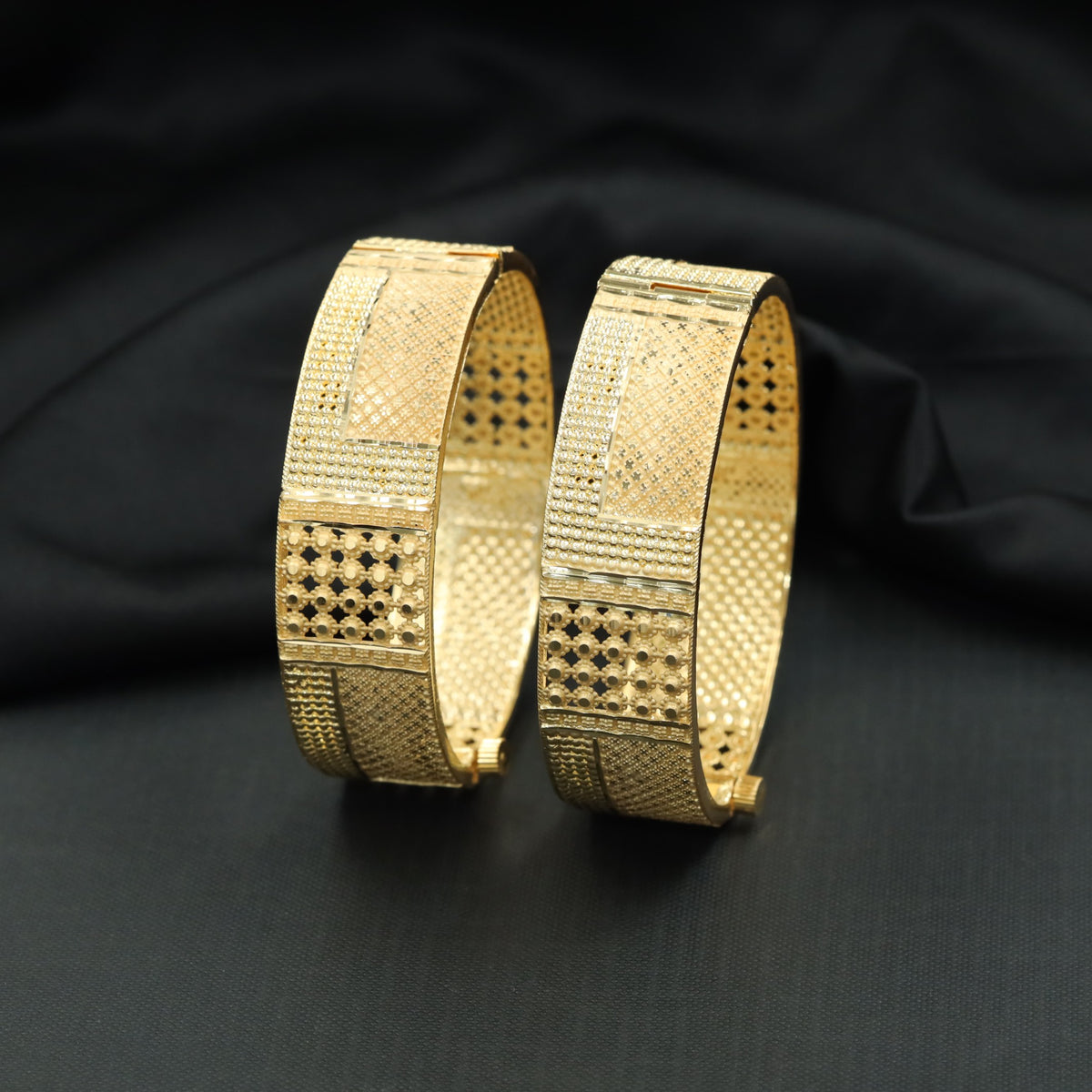 Gold Plated Bangle with Crosshatch Panels & Openwork