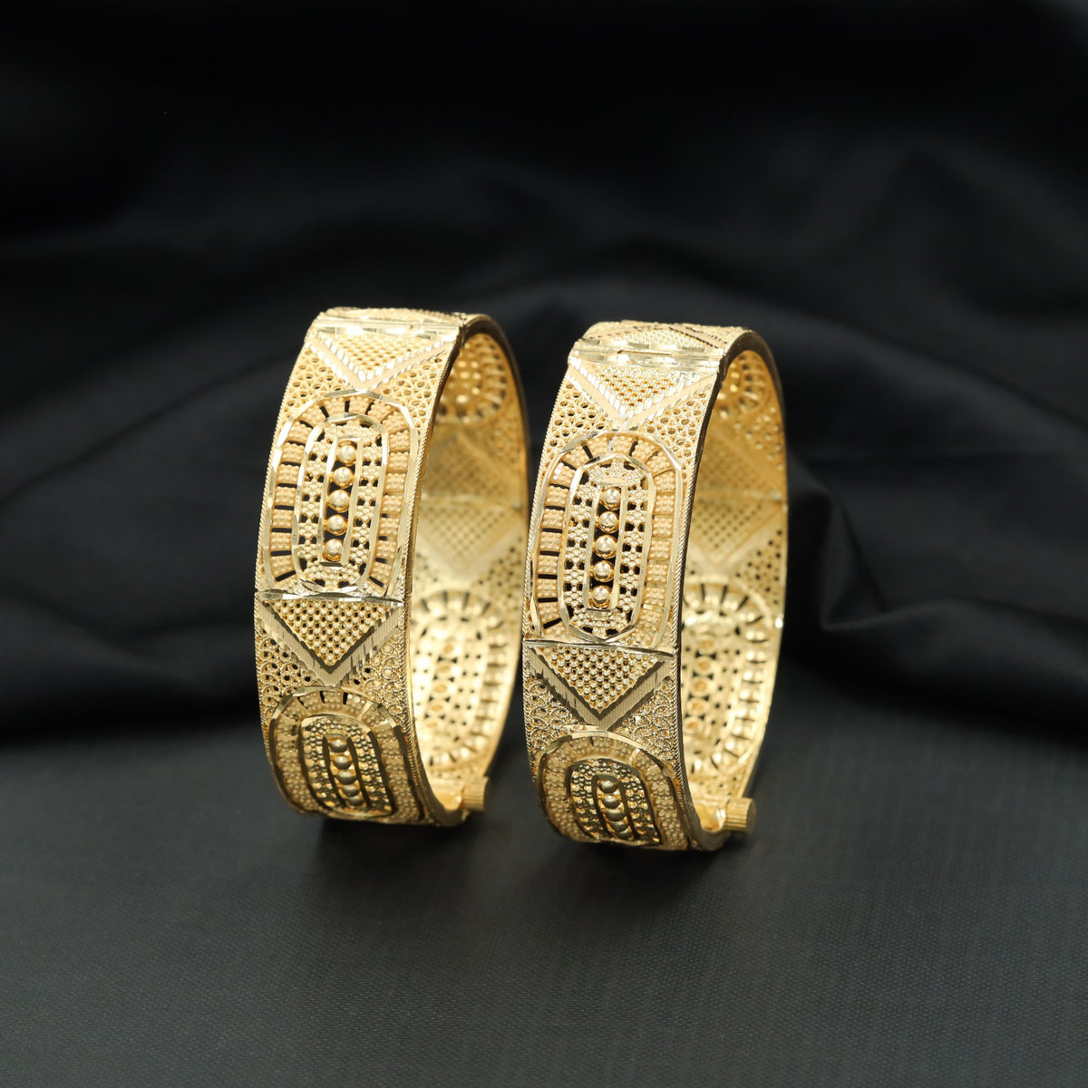 Gold Plated Bangle with Geometric Panels & Raised Beads