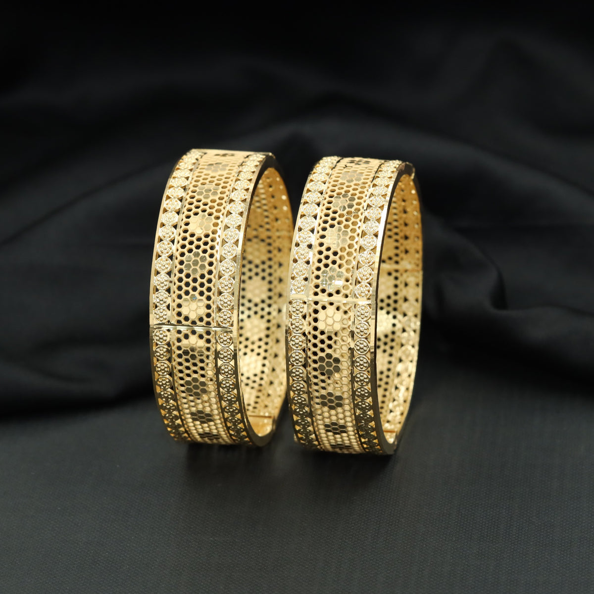 Gold Plated Bangle with Honeycomb Lattice & Floral Borders