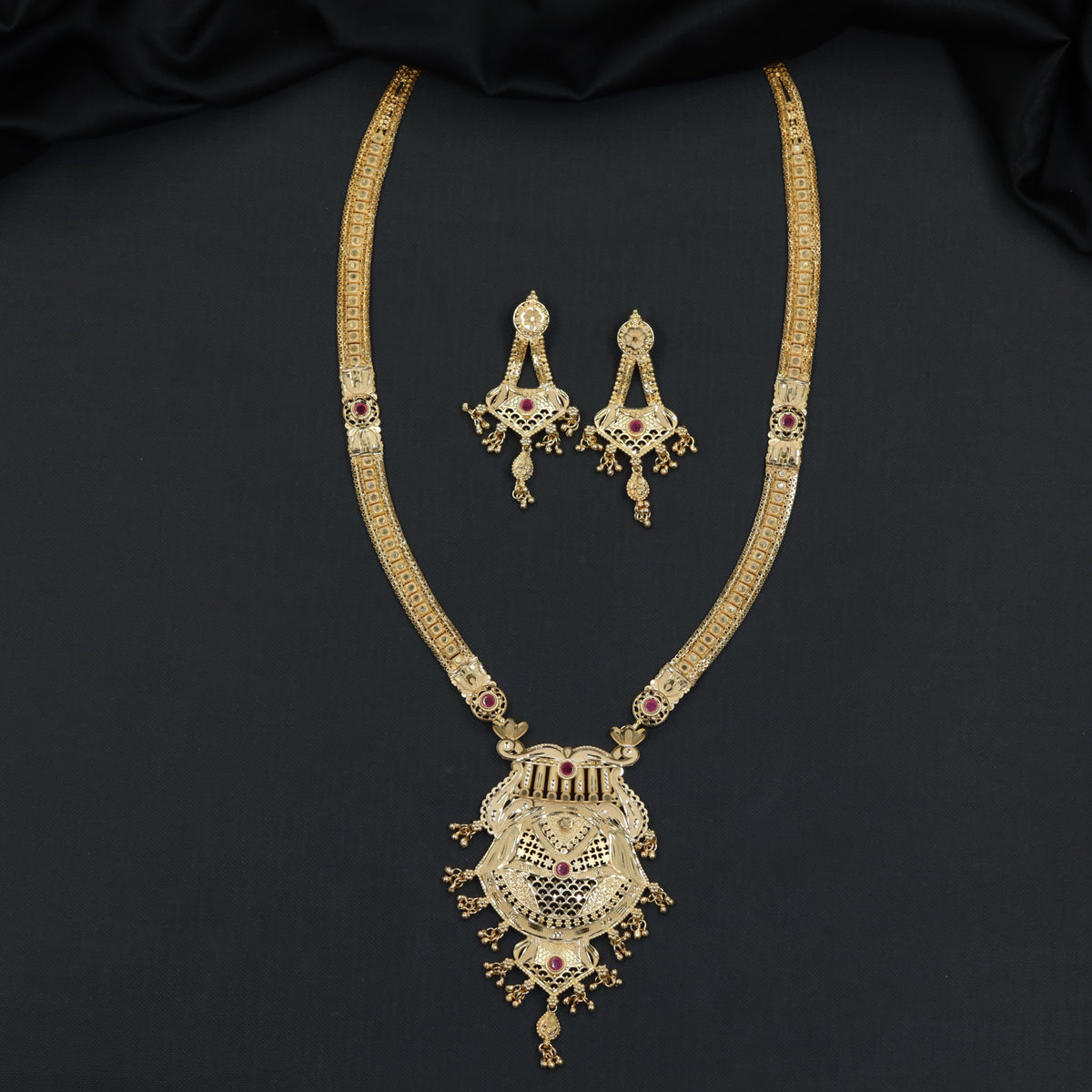 Premium Gold Plated Long Haara With Ornamental Pendant And Matching Earrings