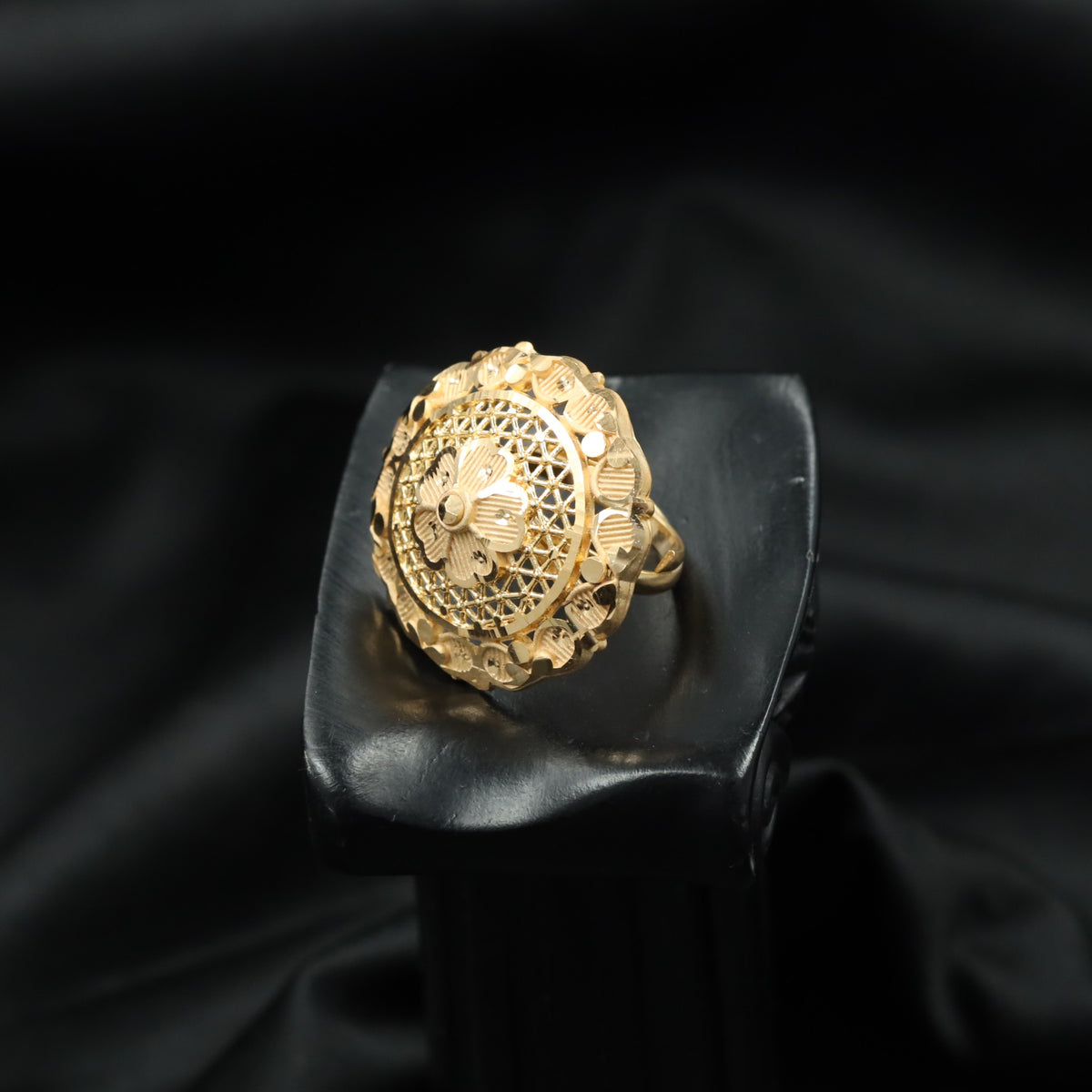 Gold Plated Floral Ring with Lattice Centre & Sculpted Border