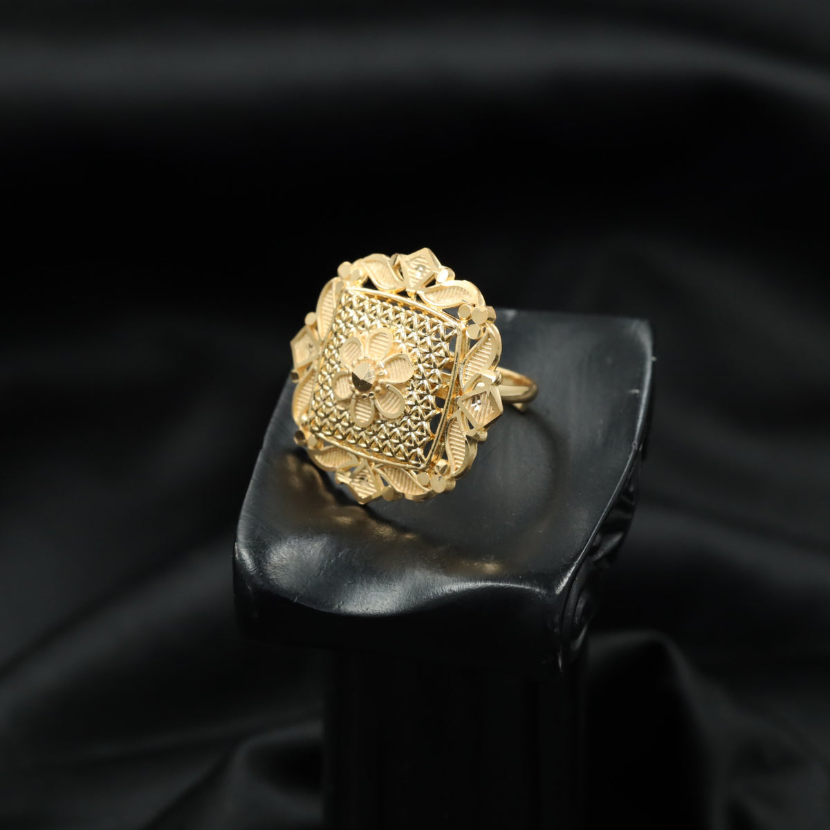 Gold Plated Square Ring with Floral Lattice Centre