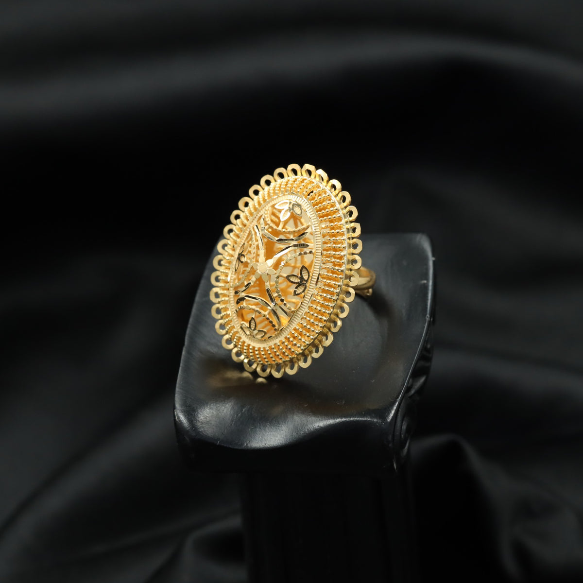 Gold Plated Oval Ring with Floral Leaf Openwork