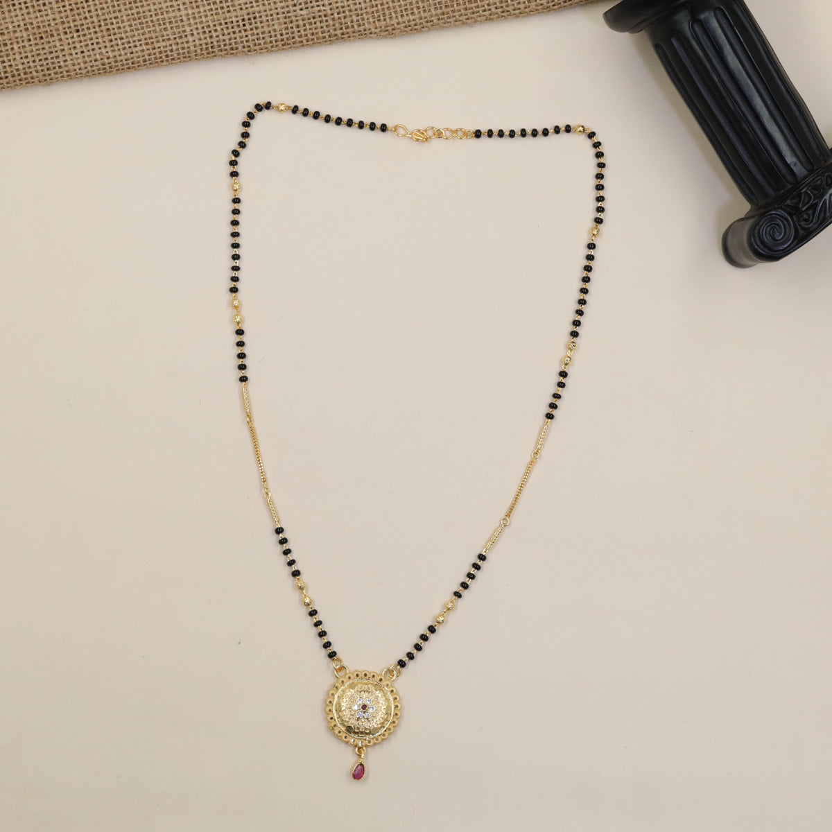 Gold Plated Mangalsutra with Circular Pendant & Side Gold Accents